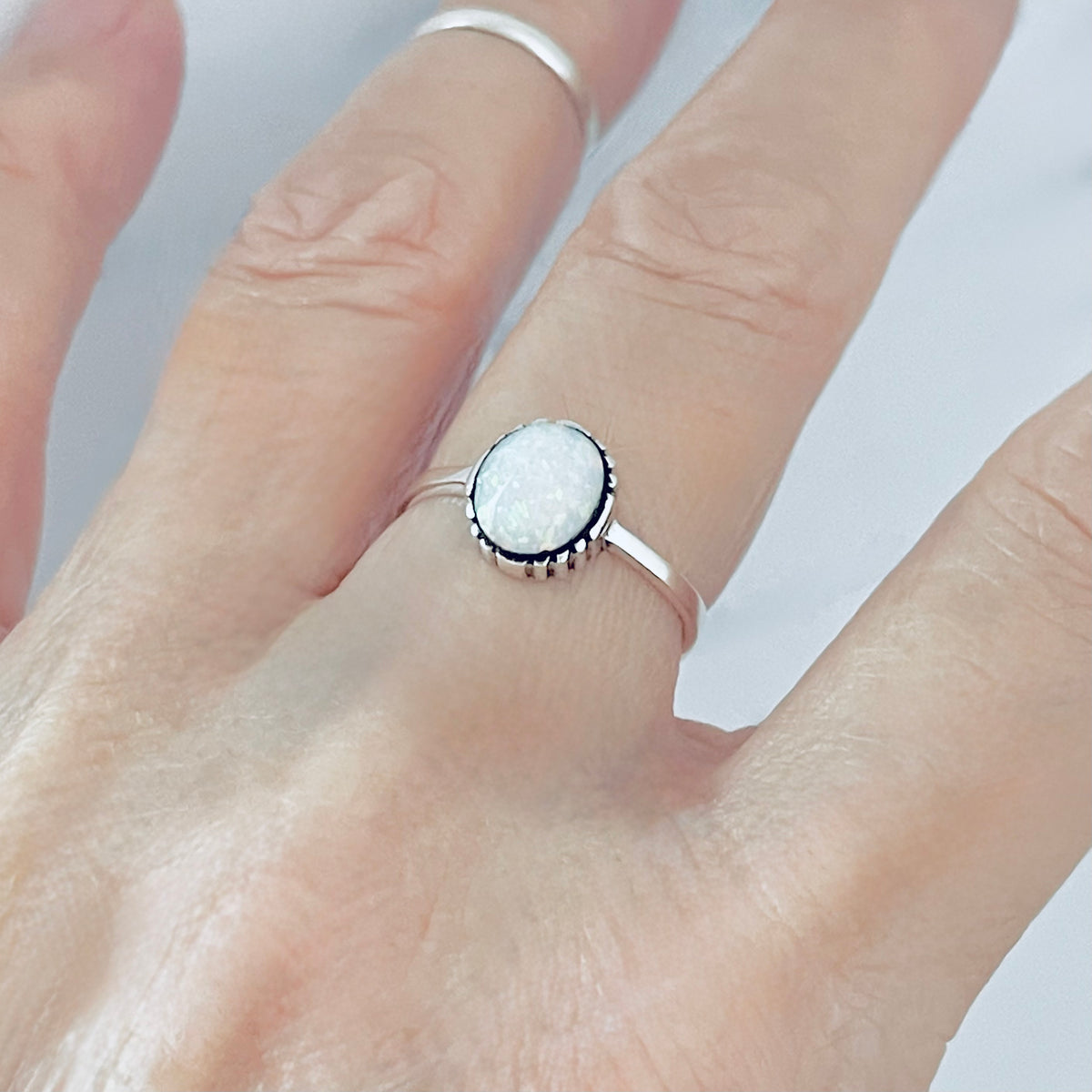 925 Sterling Silver Small Solitaire White Lab Opal Ring | Simple October Birthstone Rings