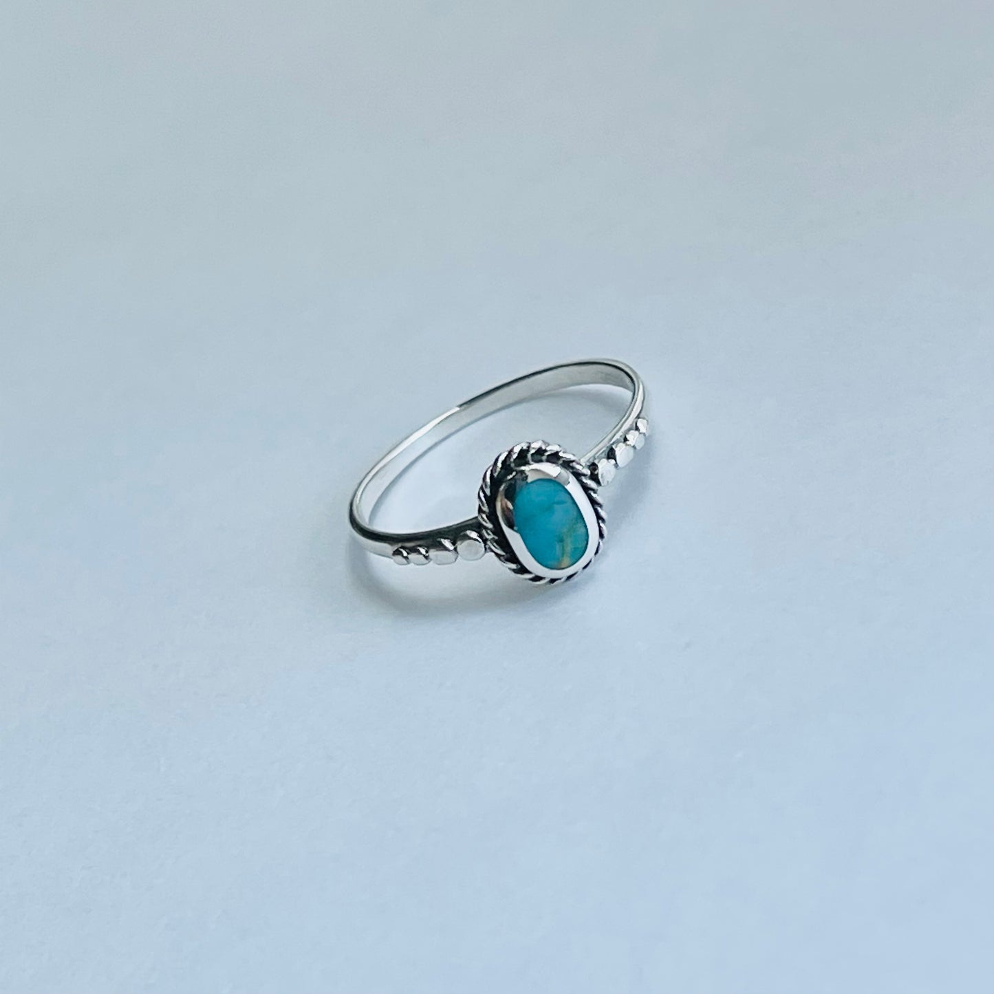 Sterling Silver Minimalist Braid Oval Genuine Turquoise Ring with Dots, Silver Rings, Stone Ring