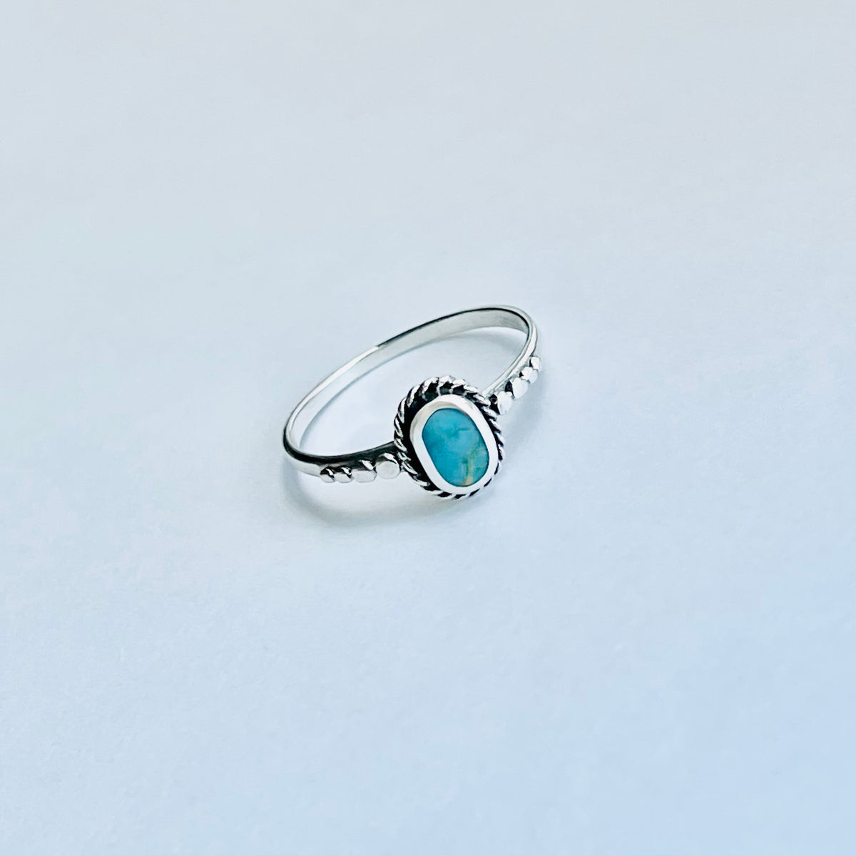 925 Sterling Silver Oval Genuine Turquoise Ring with Braid & Dots | Minimalist Stone Silver Rings