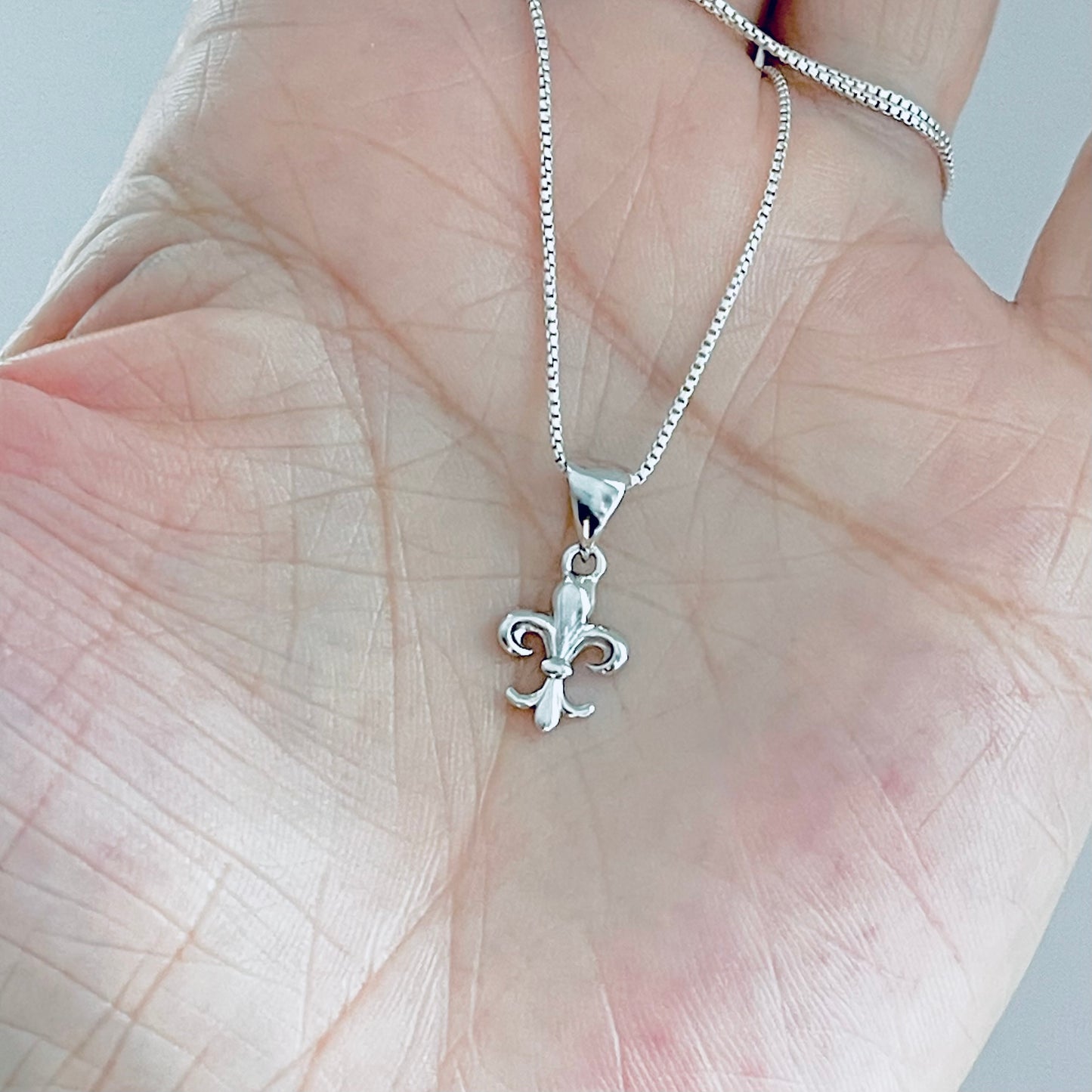 Sterling Silver Small Saints Necklace, Dainty Fleur De Lis Chain, France Symbol, Flower Lily