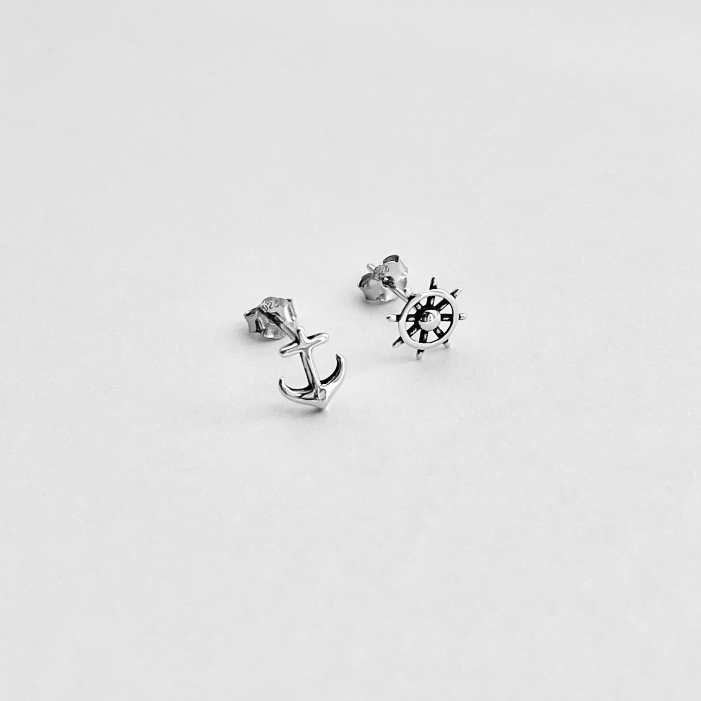 925 Sterling Silver Helm & Anchor Stud Earrings | Nautical Silver Earrings
