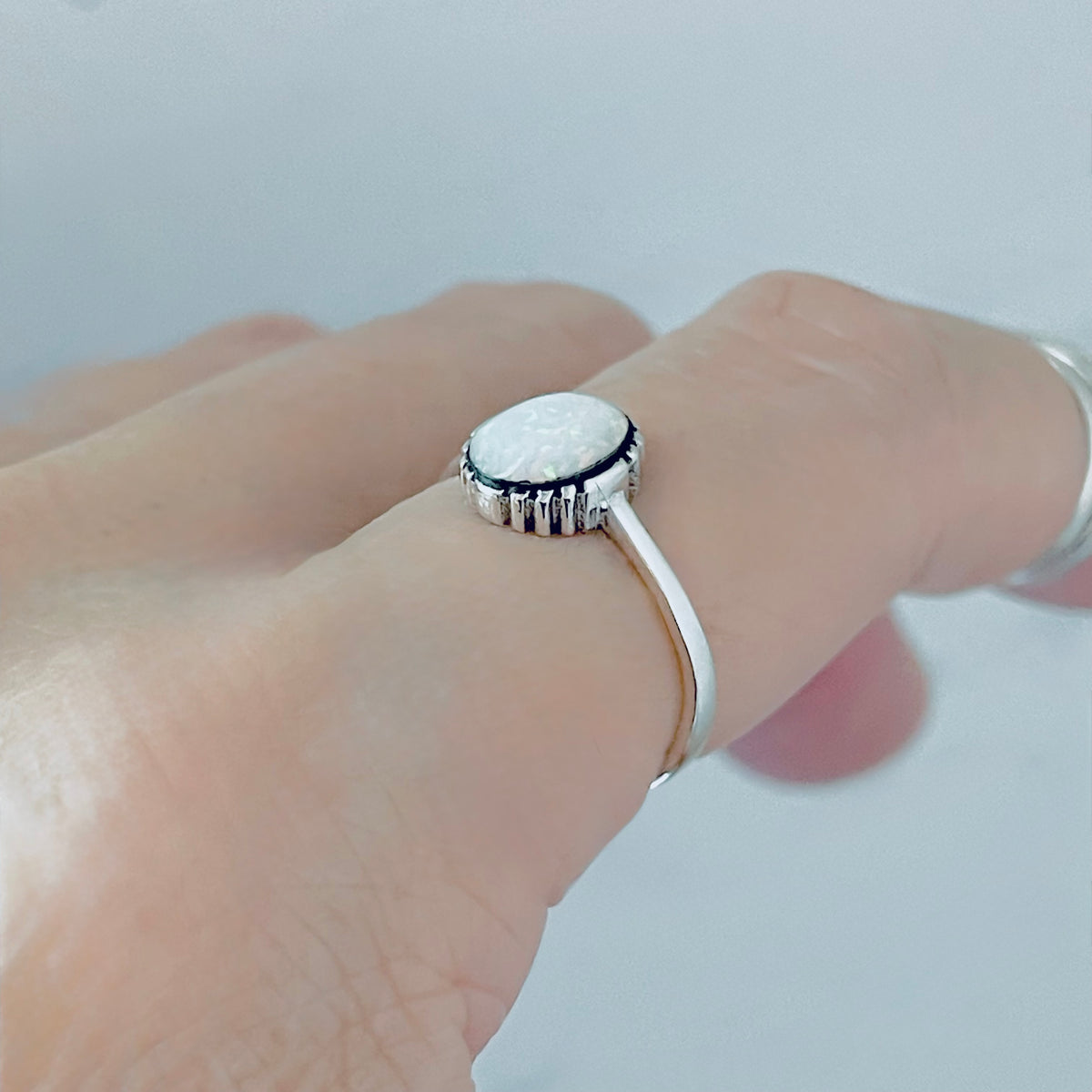 925 Sterling Silver Small Solitaire White Lab Opal Ring | Simple October Birthstone Rings