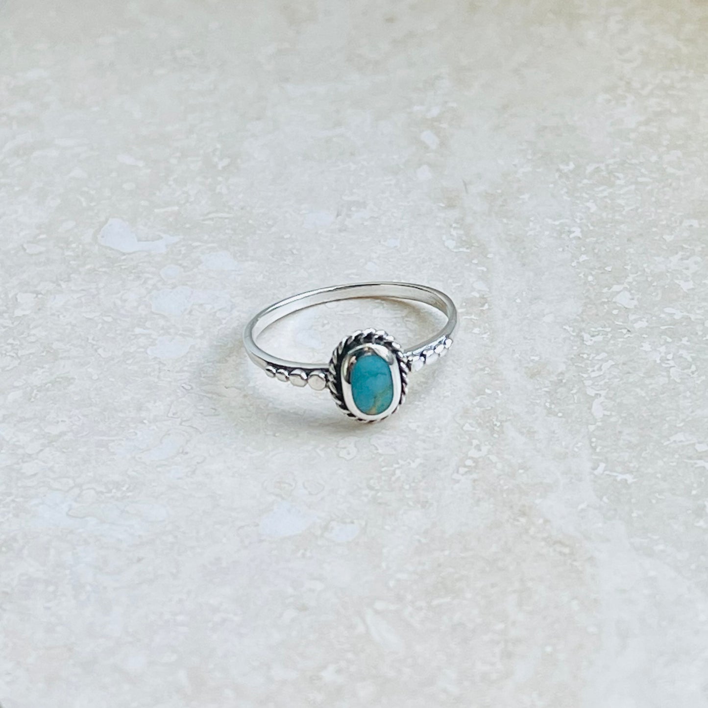 Sterling Silver Minimalist Braid Oval Genuine Turquoise Ring with Dots, Silver Rings, Stone Ring