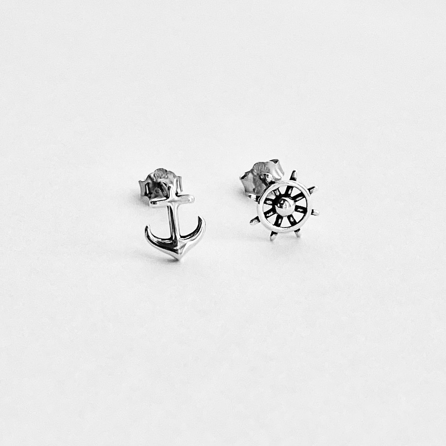 925 Sterling Silver Helm & Anchor Stud Earrings | Nautical Silver Earrings
