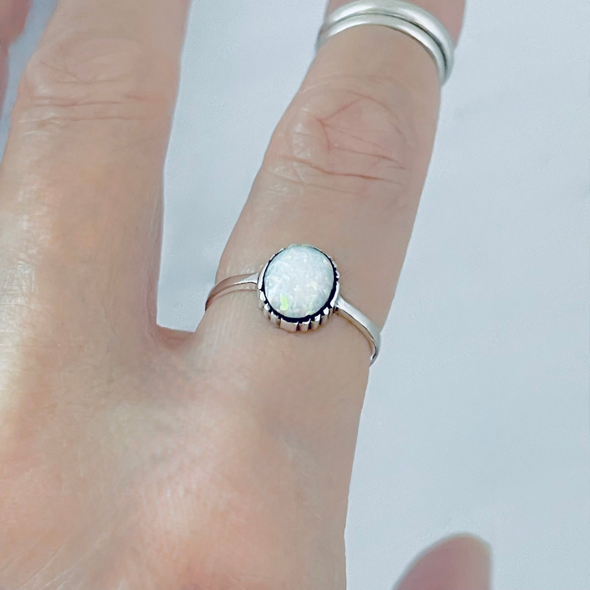 925 Sterling Silver Small Solitaire White Lab Opal Ring | Simple October Birthstone Rings