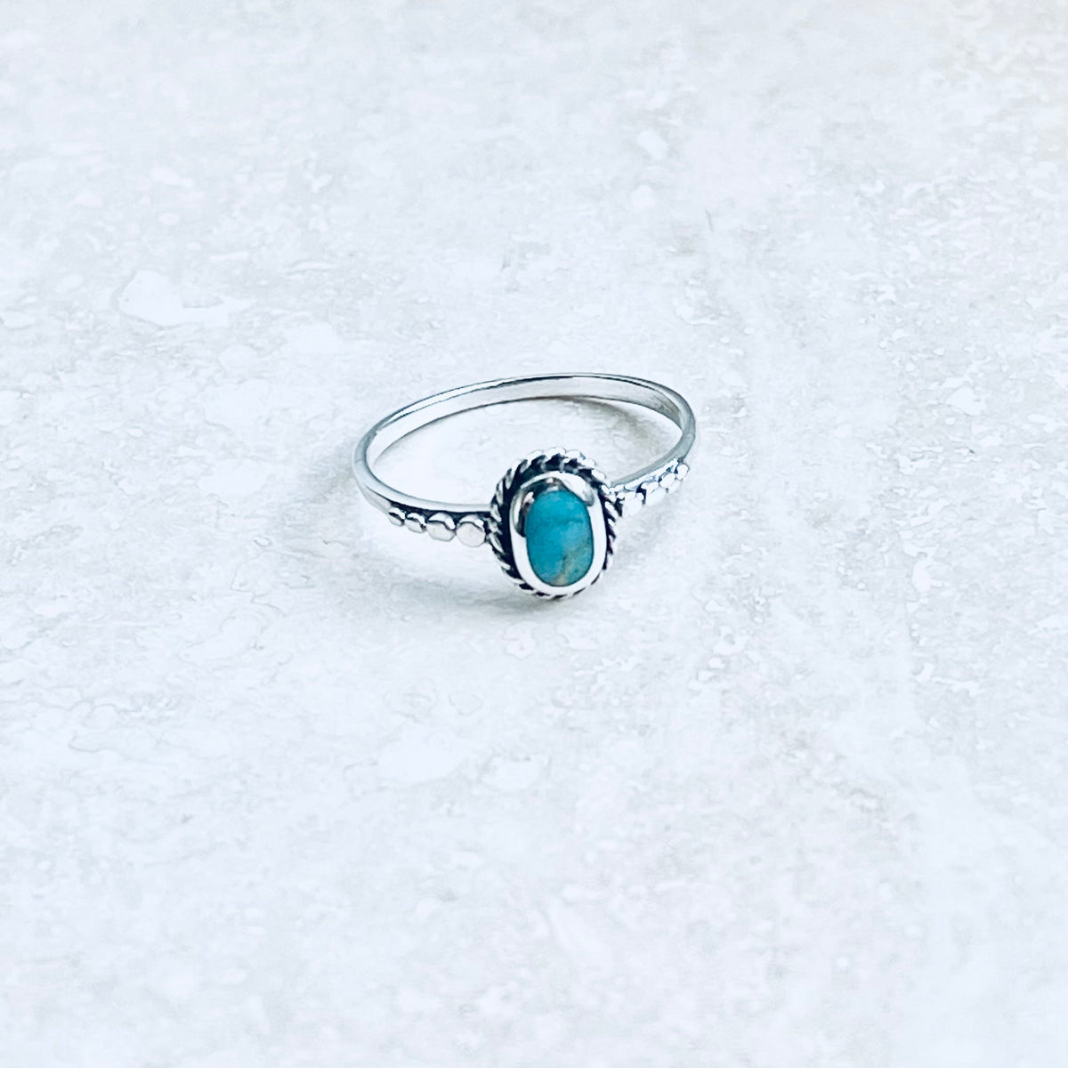 925 Sterling Silver Oval Genuine Turquoise Ring with Braid & Dots | Minimalist Stone Silver Rings