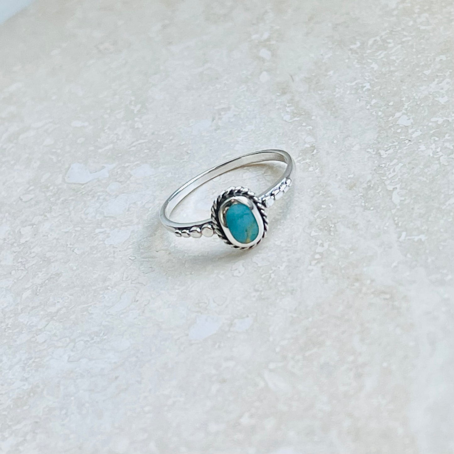 Sterling Silver Minimalist Braid Oval Genuine Turquoise Ring with Dots, Silver Rings, Stone Ring