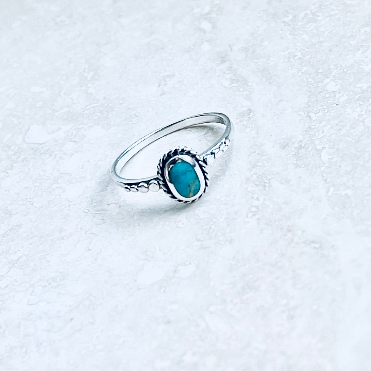 925 Sterling Silver Oval Genuine Turquoise Ring with Braid & Dots | Minimalist Stone Silver Rings