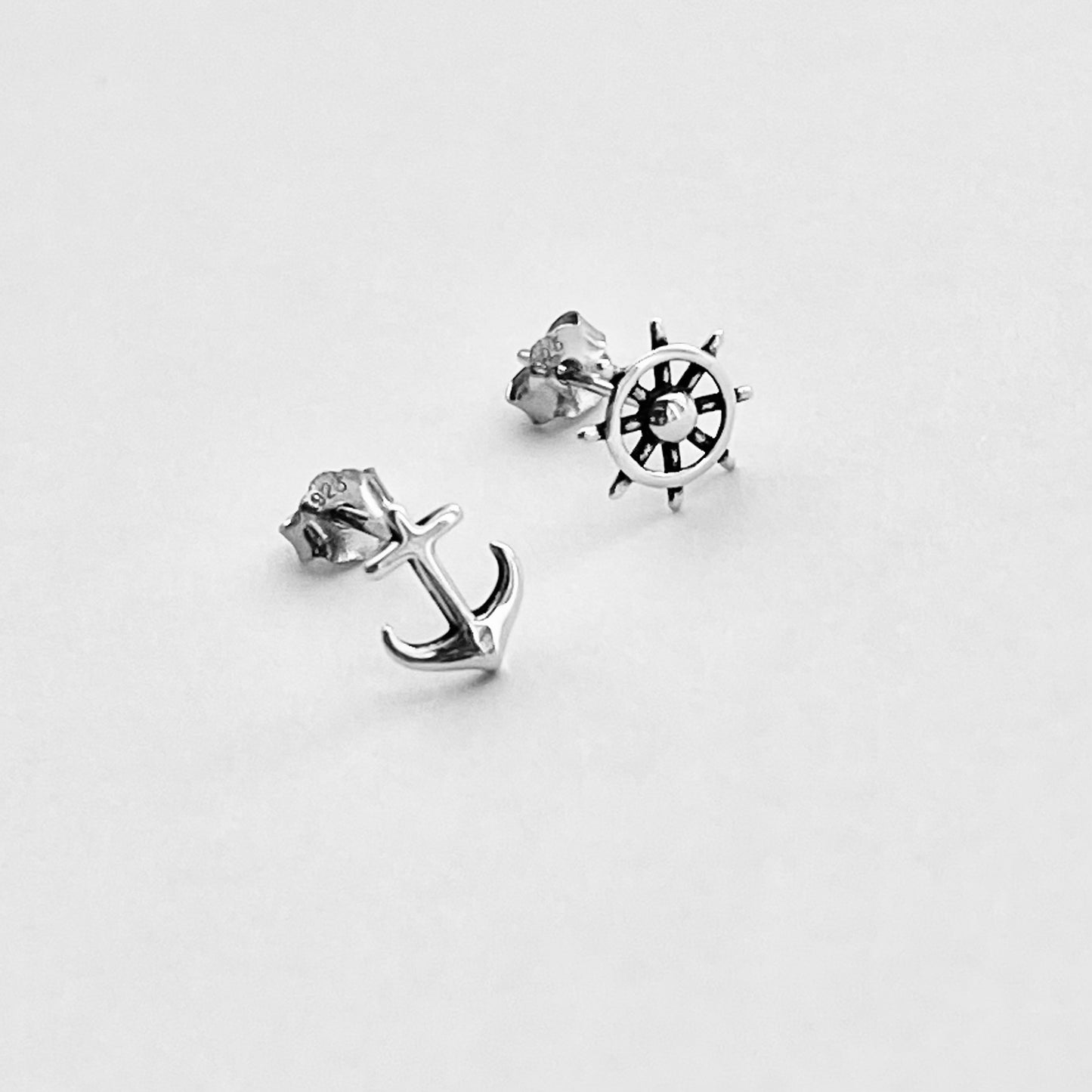 925 Sterling Silver Helm & Anchor Stud Earrings | Nautical Silver Earrings