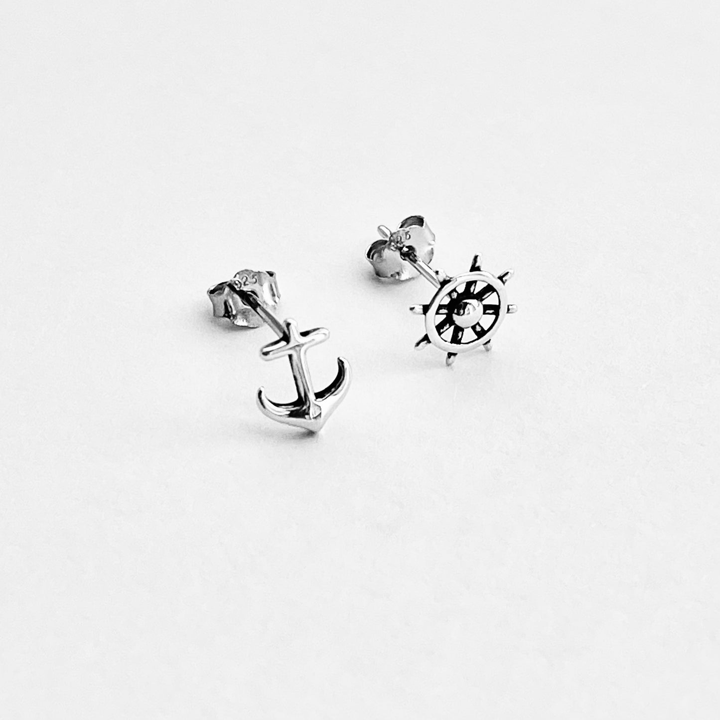925 Sterling Silver Helm & Anchor Stud Earrings | Nautical Silver Earrings
