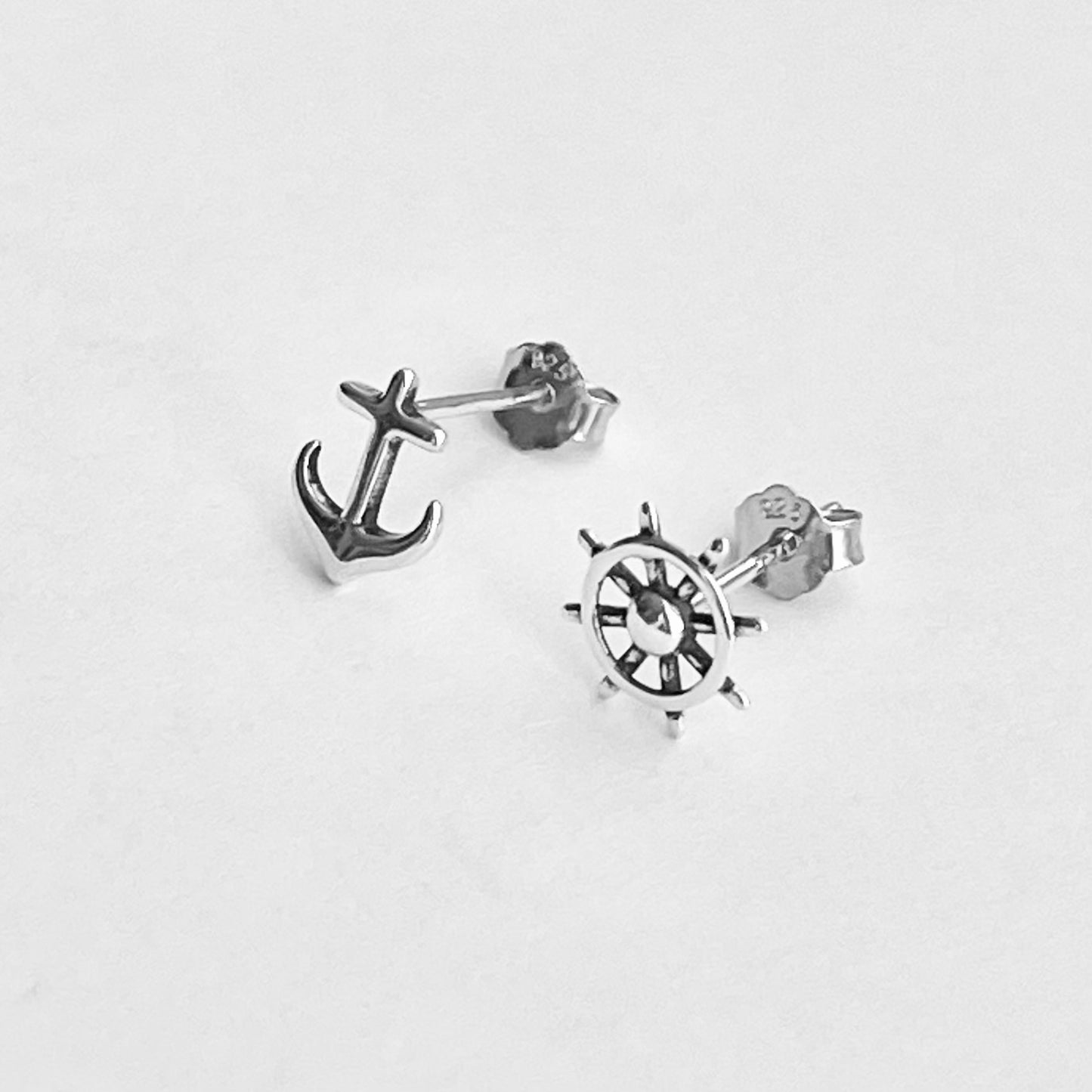 925 Sterling Silver Helm & Anchor Stud Earrings | Nautical Silver Earrings