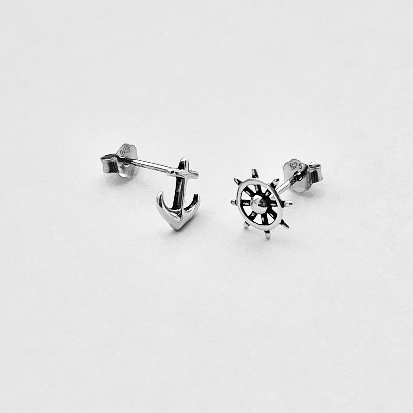 925 Sterling Silver Helm & Anchor Stud Earrings | Nautical Silver Earrings