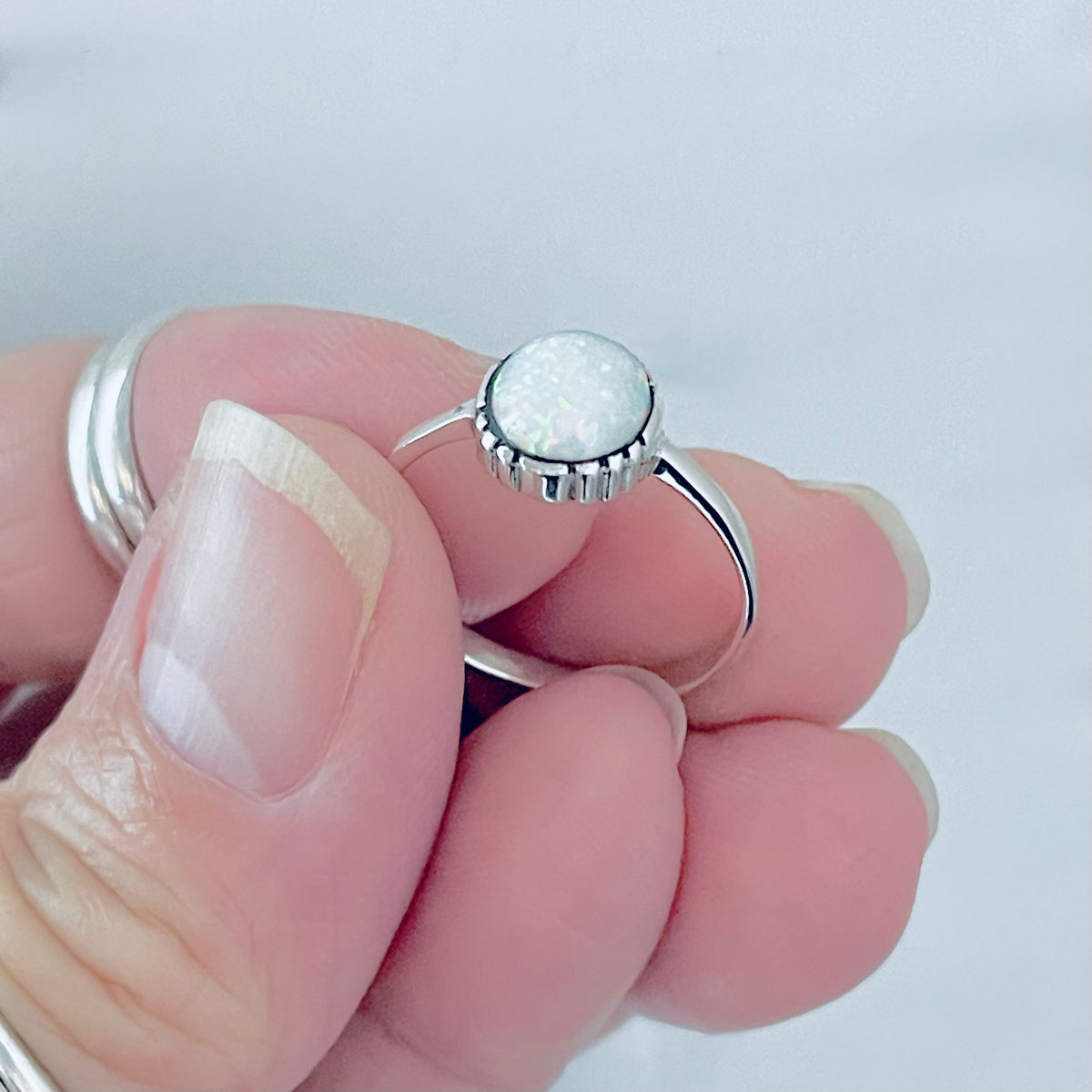 925 Sterling Silver Small Solitaire White Lab Opal Ring | Simple October Birthstone Rings