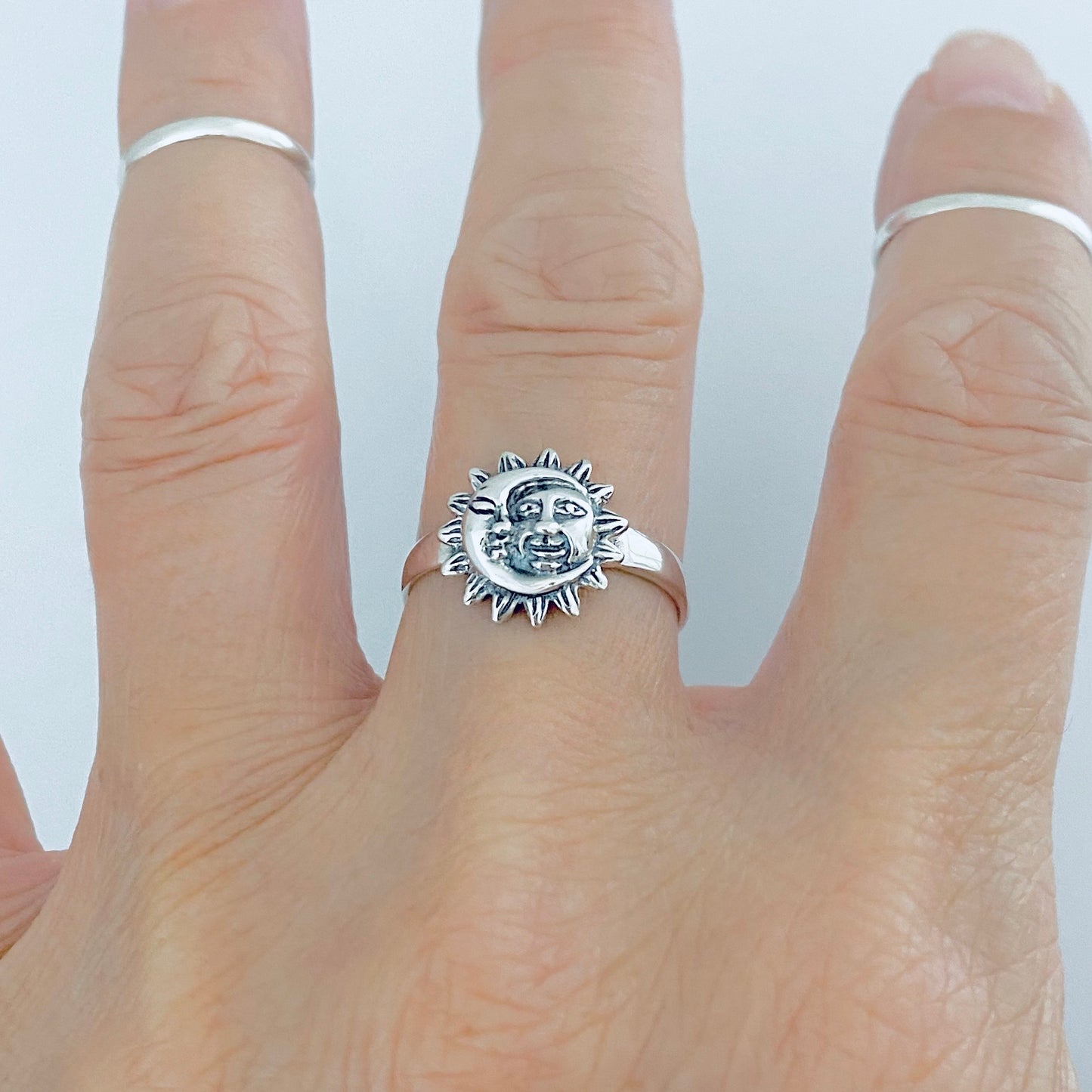925 Sterling Silver Moon and Sun Face Ring | Celestial Sunshine Silver Rings