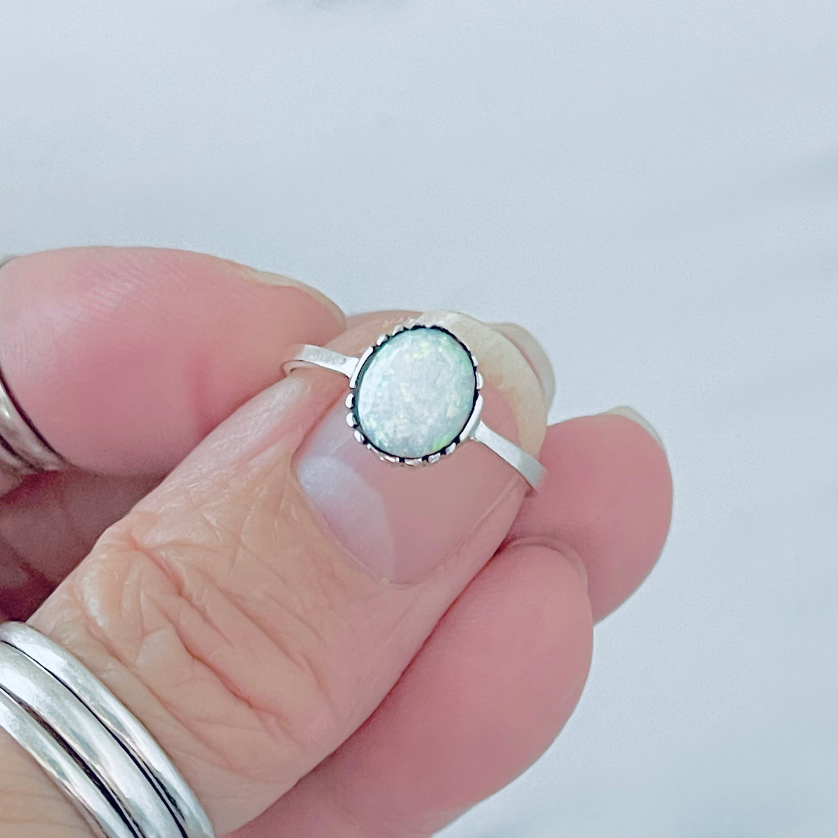 925 Sterling Silver Small Solitaire White Lab Opal Ring | Simple October Birthstone Rings