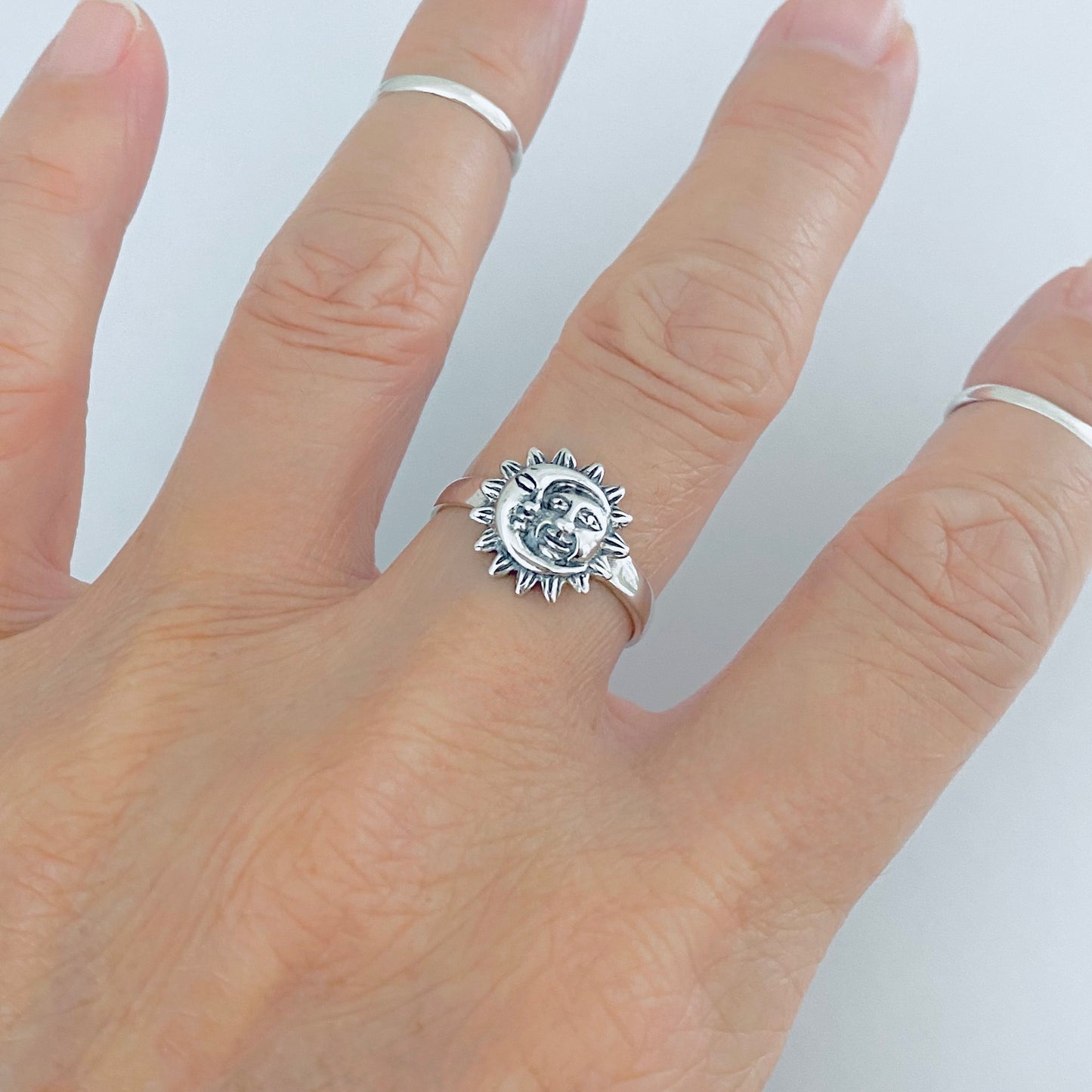 925 Sterling Silver Moon and Sun Face Ring | Celestial Sunshine Silver Rings