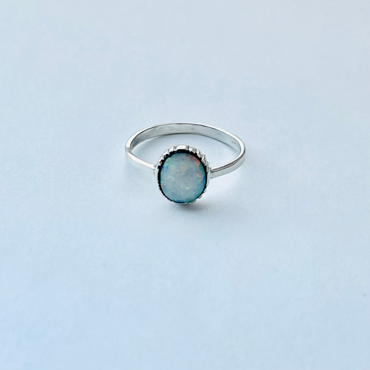 925 Sterling Silver Small Solitaire White Lab Opal Ring | Simple October Birthstone Rings