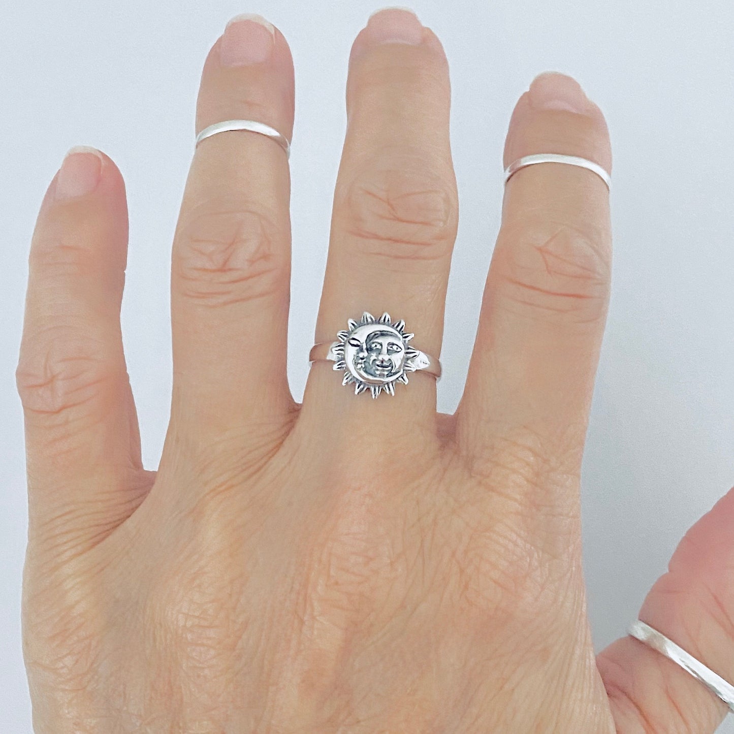 925 Sterling Silver Moon and Sun Face Ring | Celestial Sunshine Silver Rings