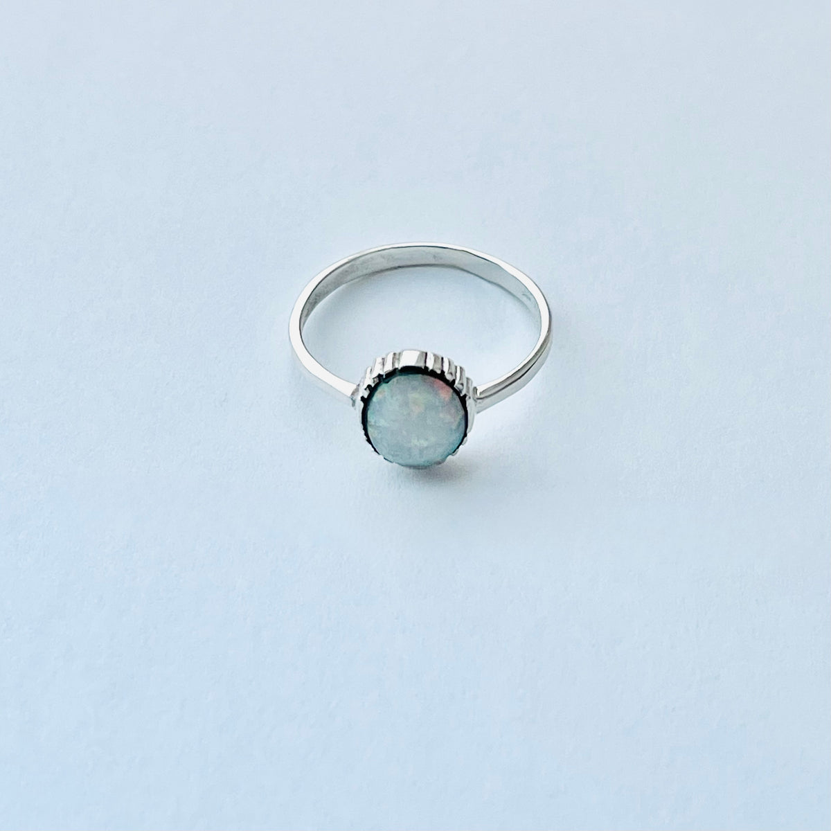 925 Sterling Silver Small Solitaire White Lab Opal Ring | Simple October Birthstone Rings