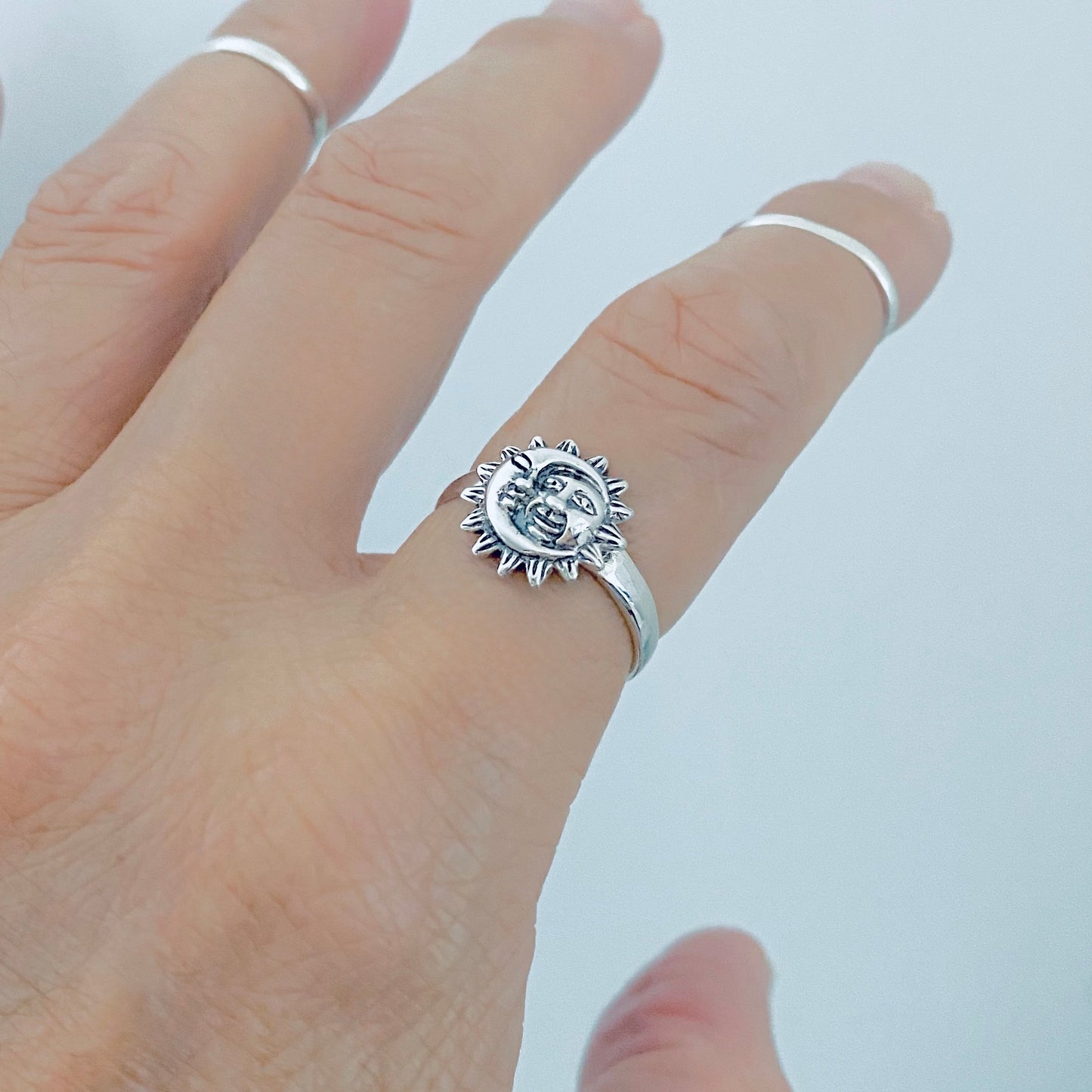 925 Sterling Silver Moon and Sun Face Ring | Celestial Sunshine Silver Rings