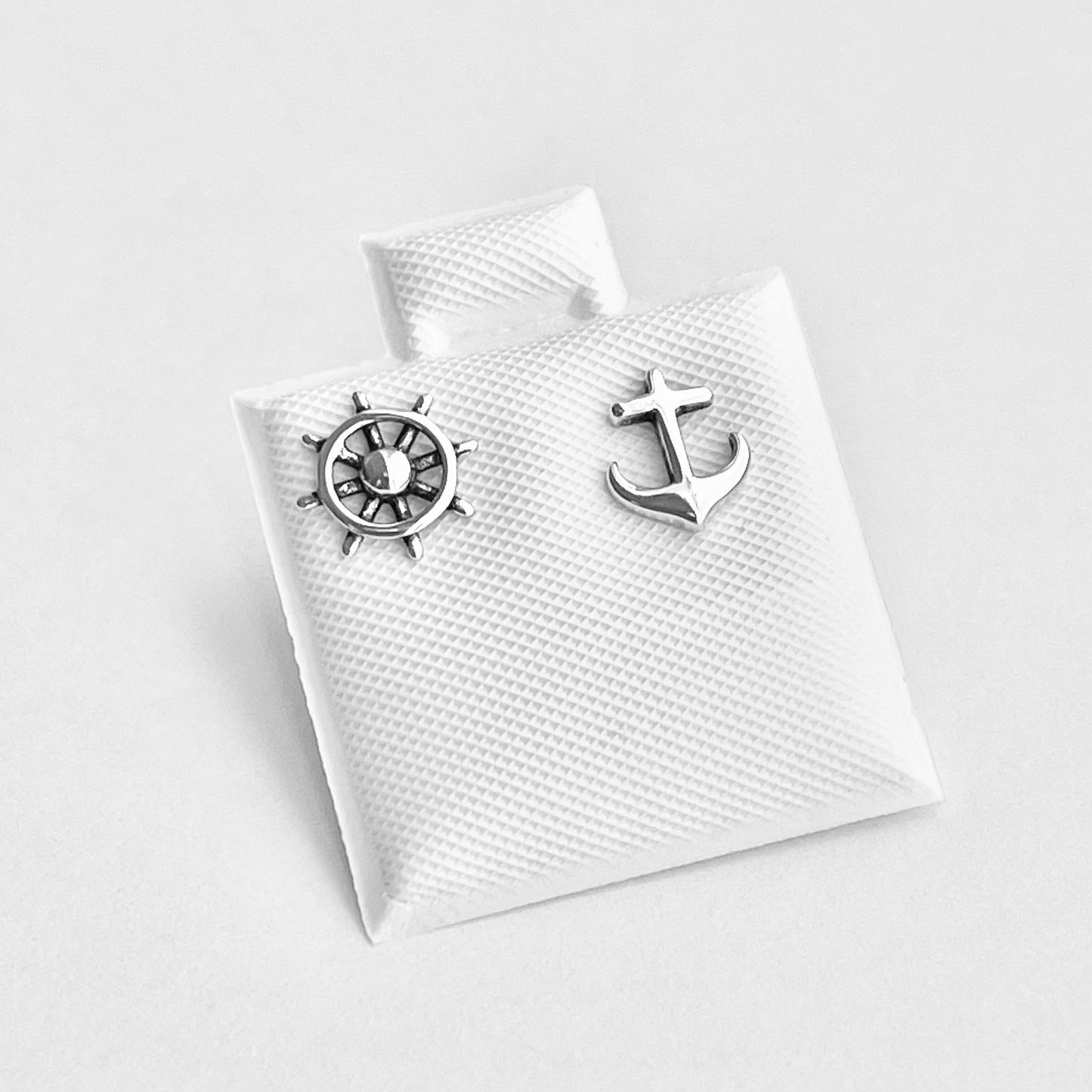 925 Sterling Silver Helm & Anchor Stud Earrings | Nautical Silver Earrings