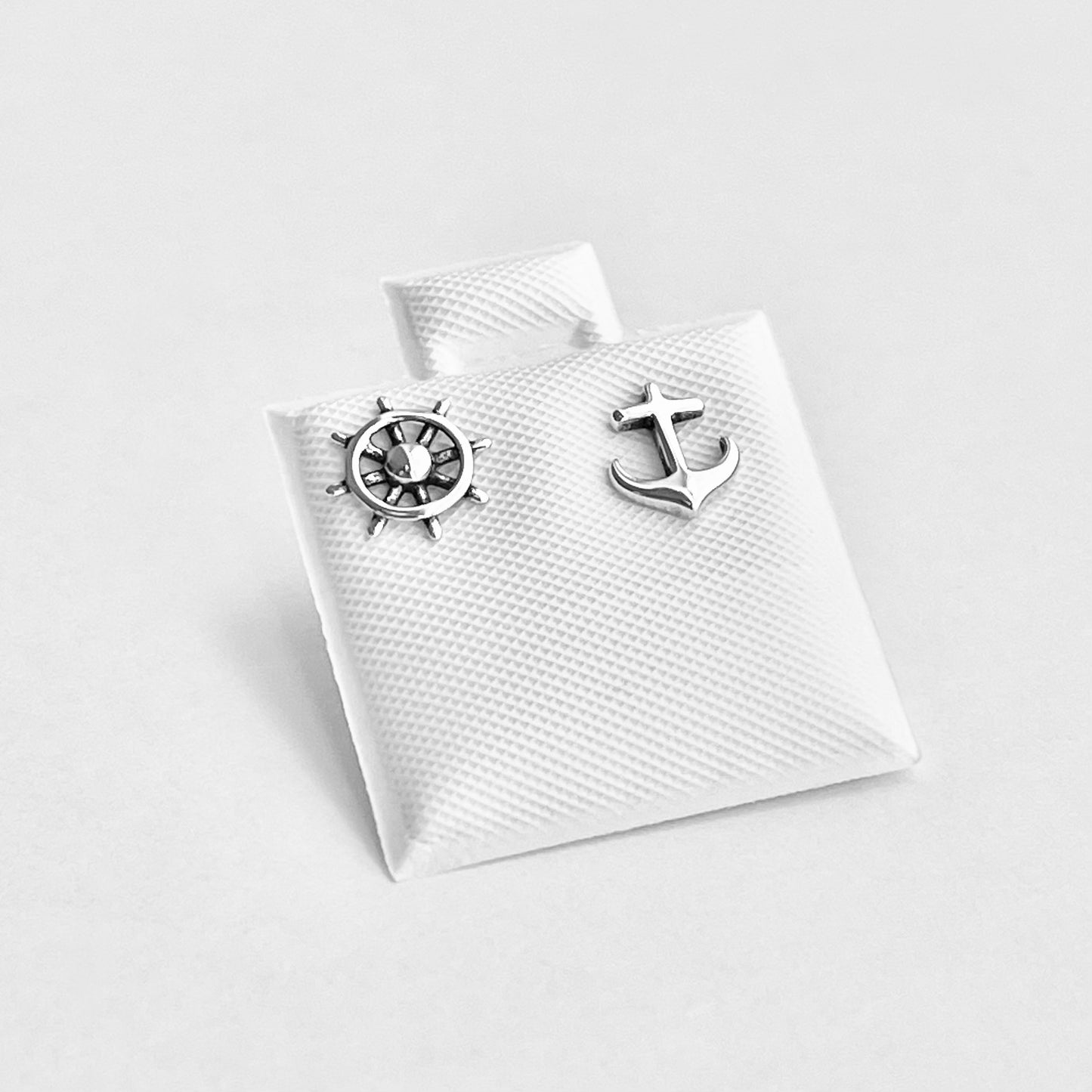 925 Sterling Silver Helm & Anchor Stud Earrings | Nautical Silver Earrings