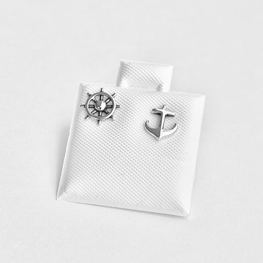 Sterling Silver Helm and Anchor Stud Earring, Silver Earrings, Ship, Boat Wheel, Cross