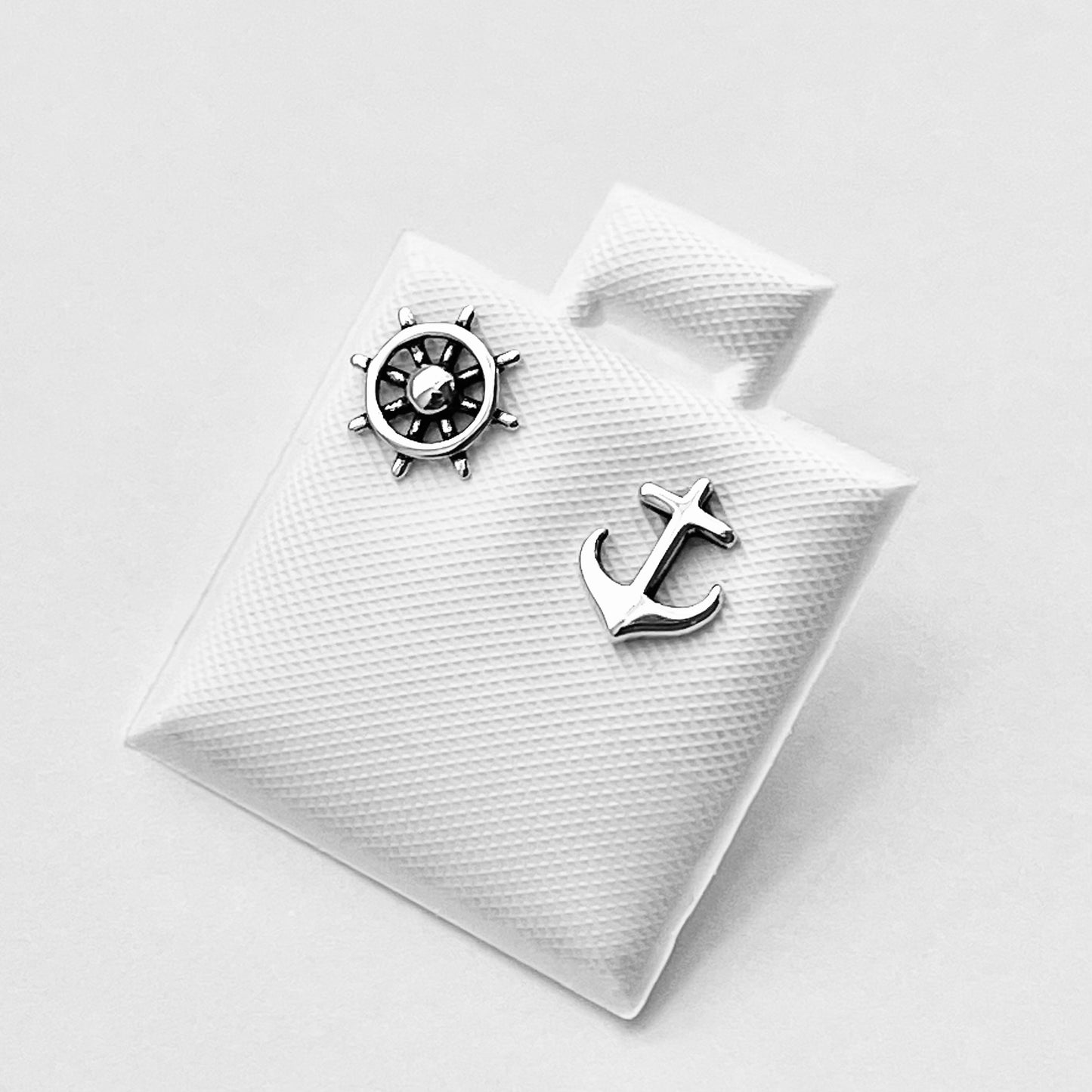 925 Sterling Silver Helm & Anchor Stud Earrings | Nautical Silver Earrings