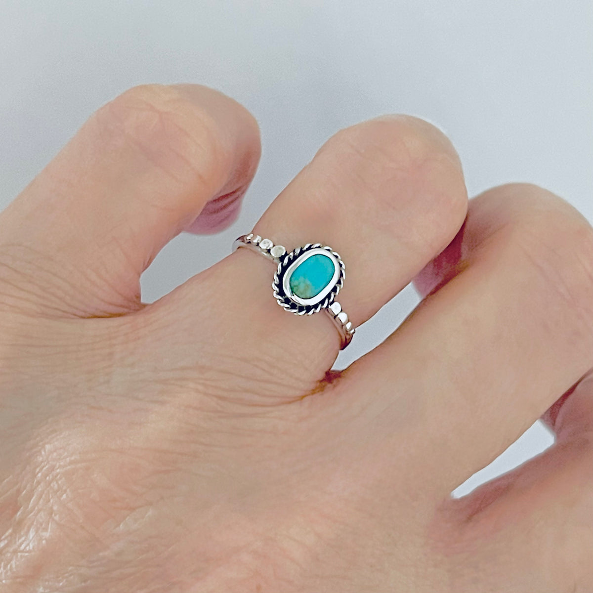 925 Sterling Silver Oval Genuine Turquoise Ring with Braid & Dots | Minimalist Stone Silver Rings