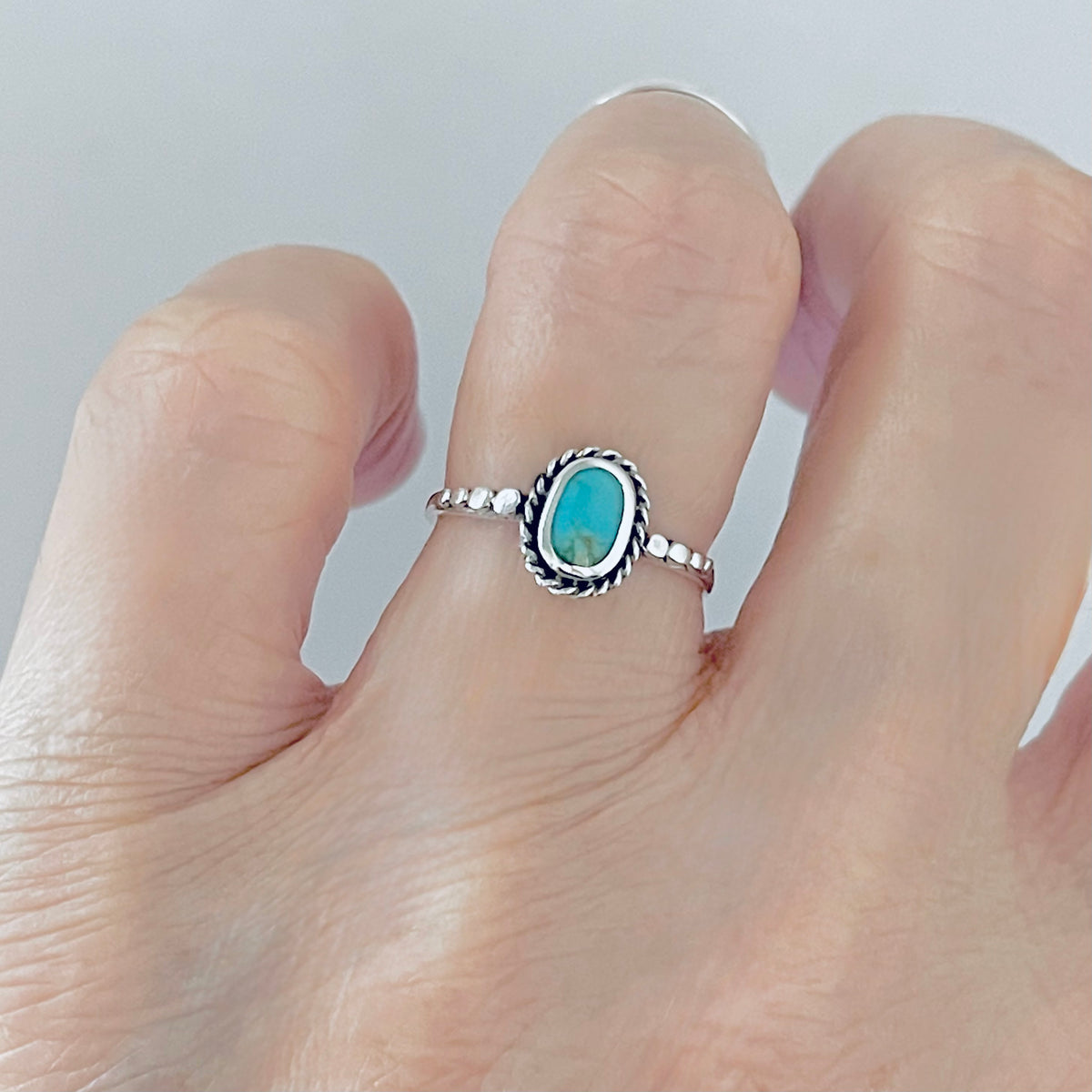 925 Sterling Silver Oval Genuine Turquoise Ring with Braid & Dots | Minimalist Stone Silver Rings