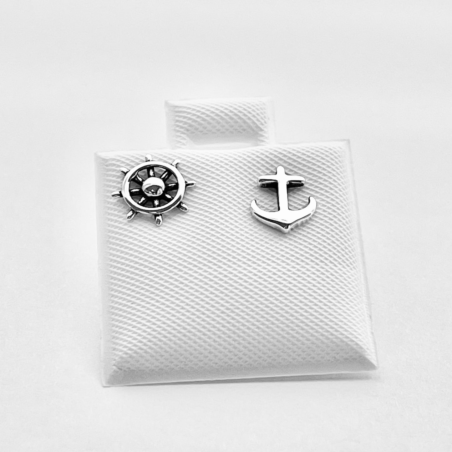 925 Sterling Silver Helm & Anchor Stud Earrings | Nautical Silver Earrings