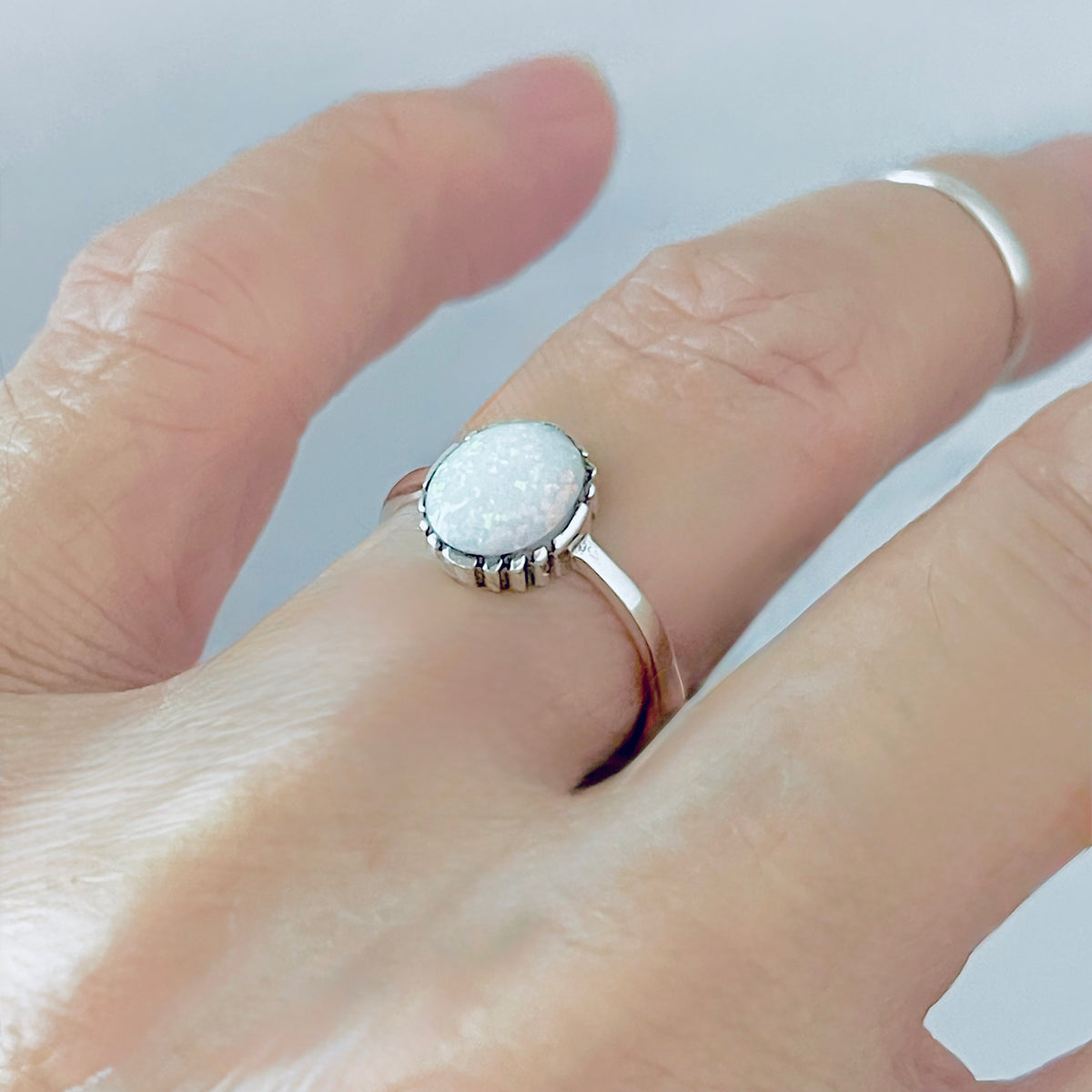 925 Sterling Silver Small Solitaire White Lab Opal Ring | Simple October Birthstone Rings