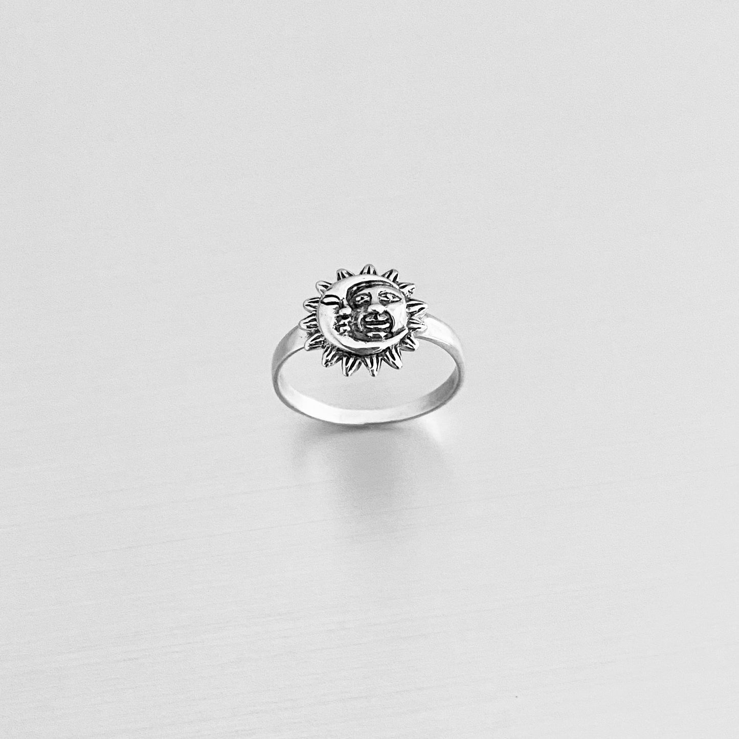 925 Sterling Silver Moon and Sun Face Ring | Celestial Sunshine Silver Rings