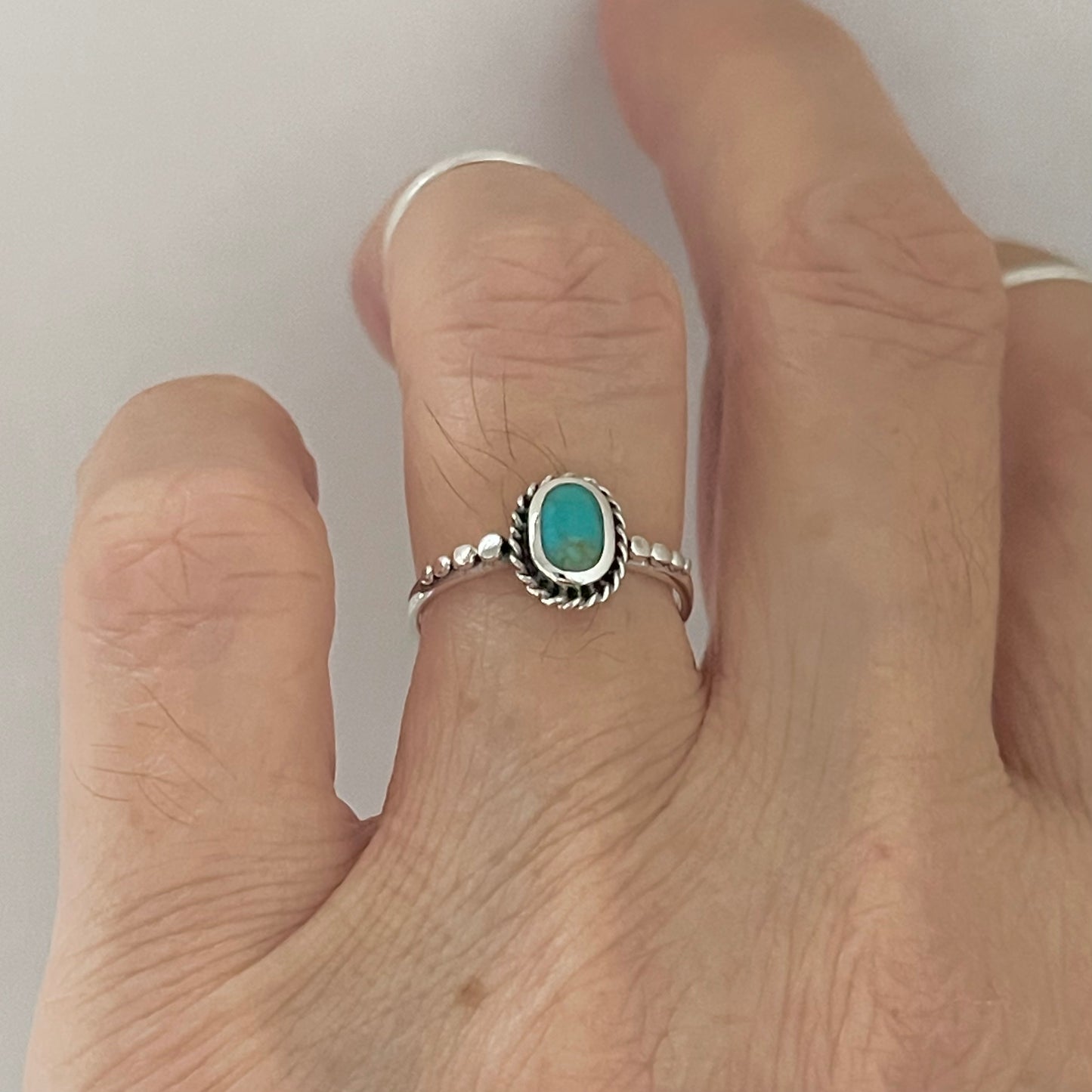 Sterling Silver Minimalist Braid Oval Genuine Turquoise Ring with Dots, Silver Rings, Stone Ring