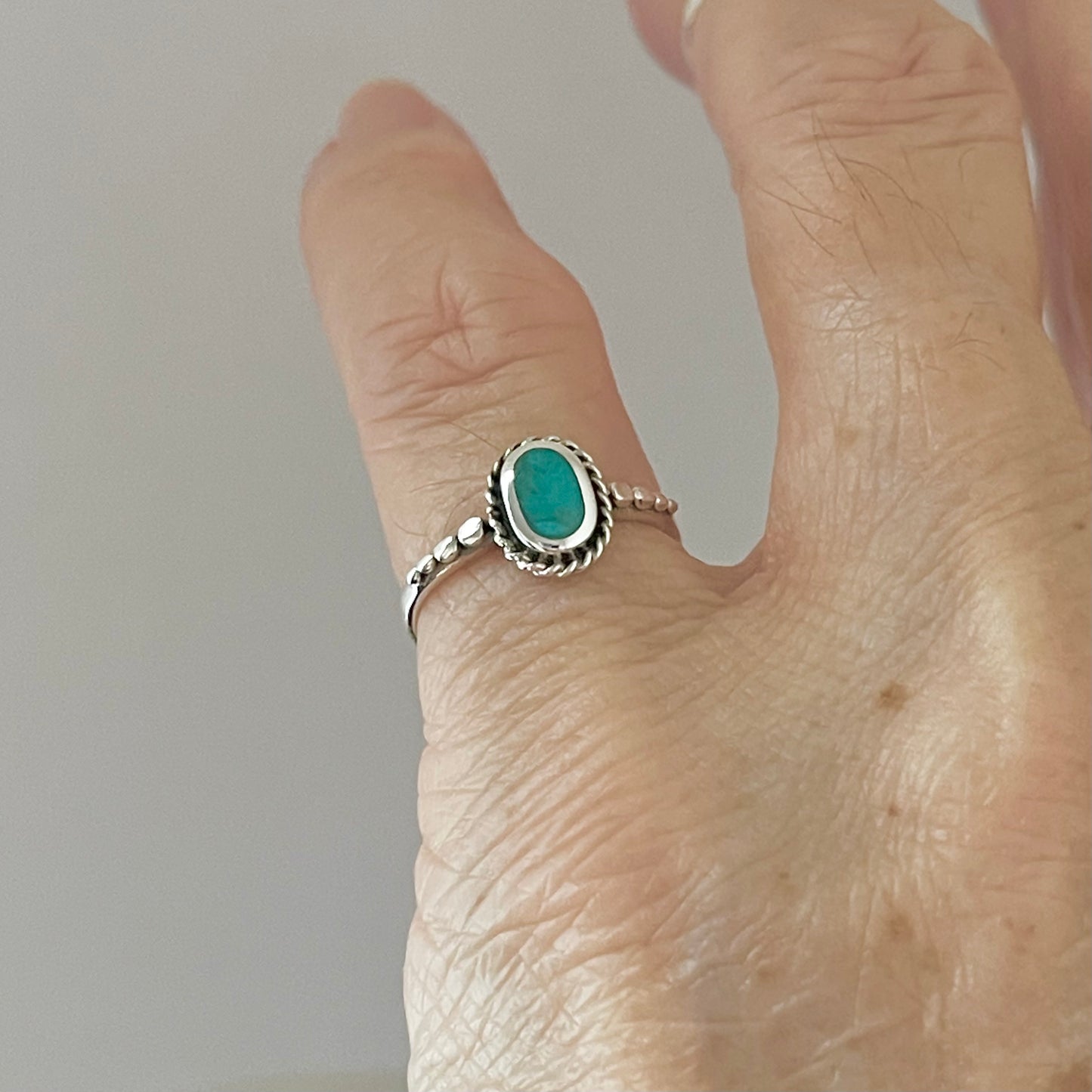 Sterling Silver Minimalist Braid Oval Genuine Turquoise Ring with Dots, Silver Rings, Stone Ring