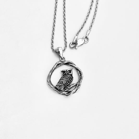 Sterling Silver Owl on Branch Necklace, Silver Necklaces, Spirit Bird Chain, Animal