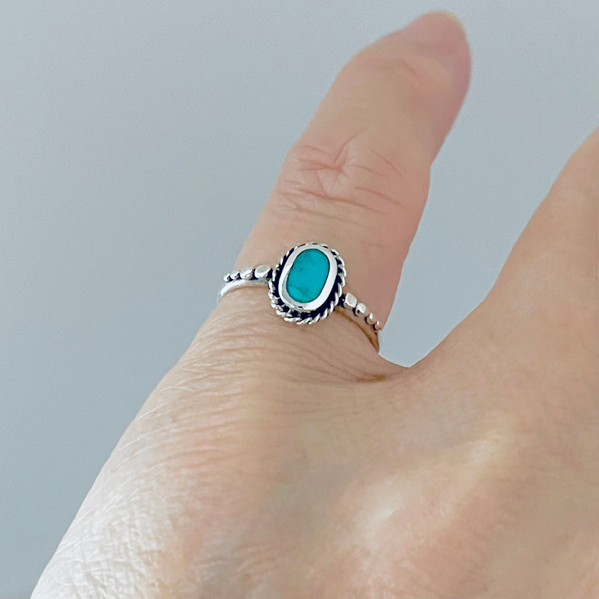 925 Sterling Silver Oval Genuine Turquoise Ring with Braid & Dots | Minimalist Stone Silver Rings