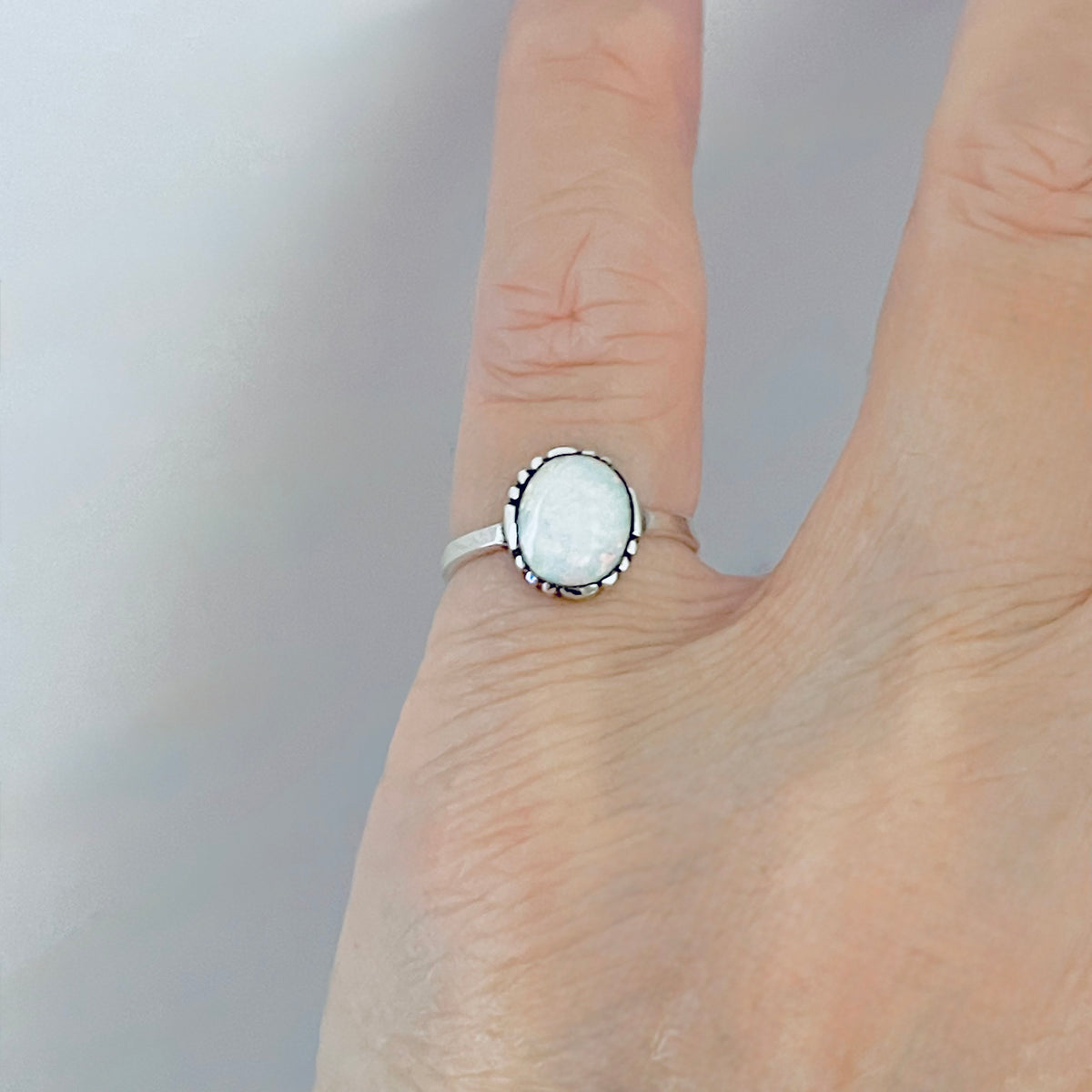 925 Sterling Silver Small Solitaire White Lab Opal Ring | Simple October Birthstone Rings