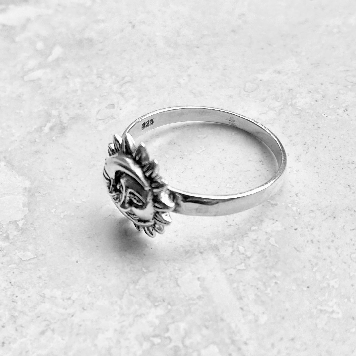 925 Sterling Silver Moon and Sun Face Ring | Celestial Sunshine Silver Rings