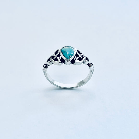 925 Sterling Silver Teardrop Genuine Turquoise Ring with Celtic | Dainty Pear Shape Stone Silver Rings