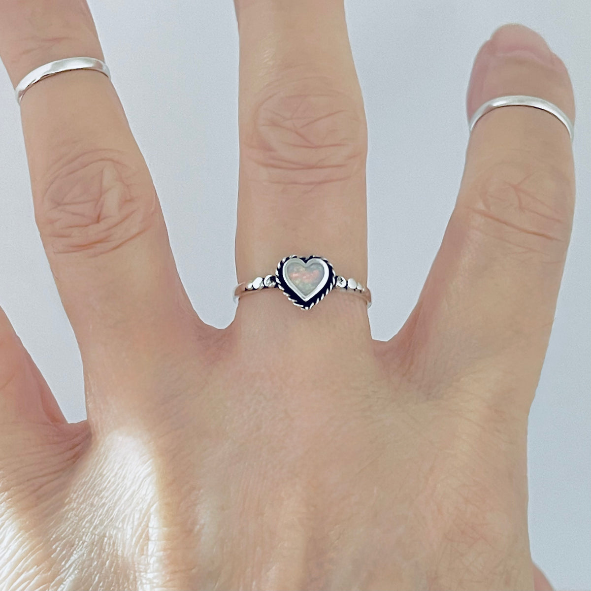 Sterling Silver Small White Lab Opal Heart Ring – Dainty October Birthstone Silver Rings