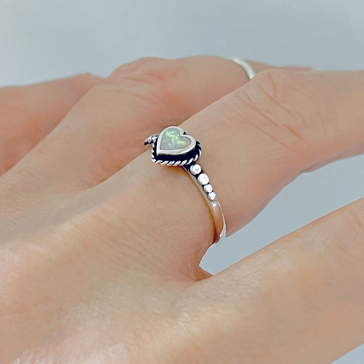 Sterling Silver Small White Lab Opal Heart Ring – Dainty October Birthstone Silver Rings