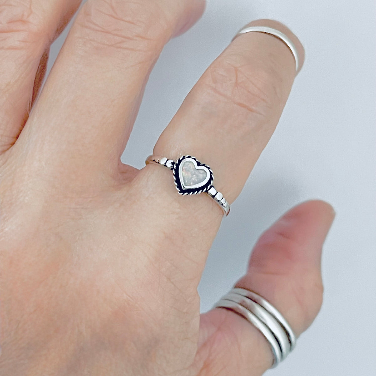 Sterling Silver Small White Lab Opal Heart Ring – Dainty October Birthstone Silver Rings