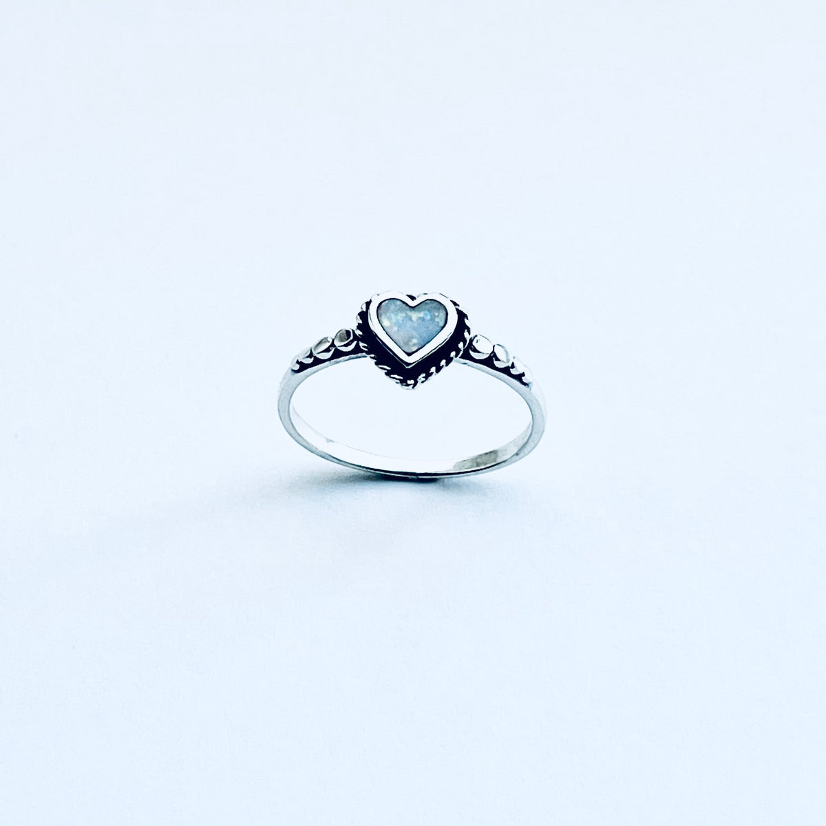 Sterling Silver Small White Lab Opal Heart Ring – Dainty October Birthstone Silver Rings