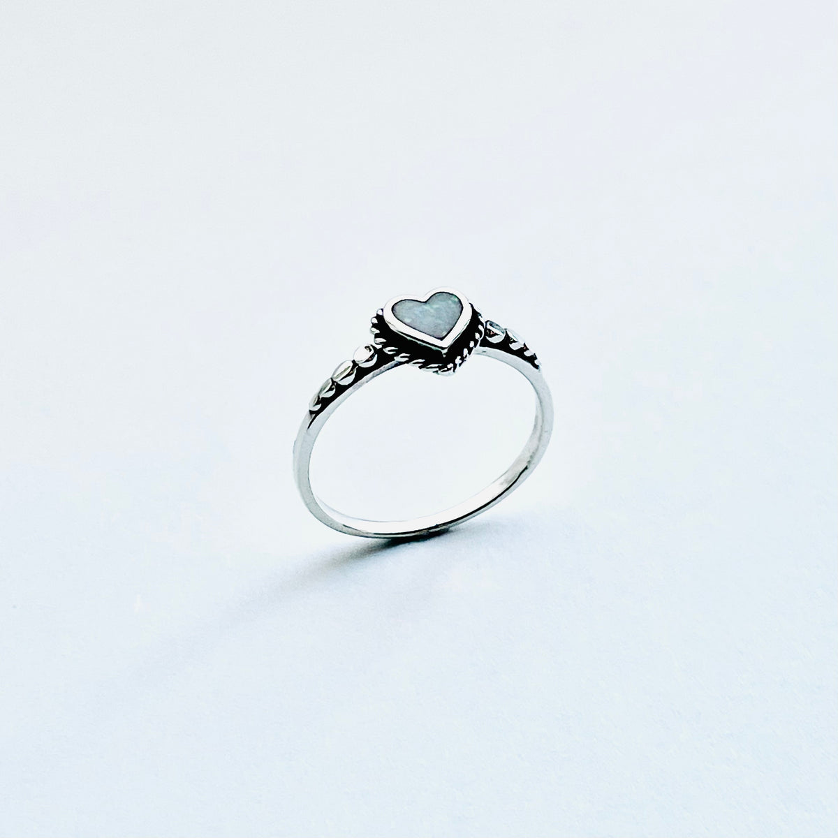 Sterling Silver Small White Lab Opal Heart Ring – Dainty October Birthstone Silver Rings