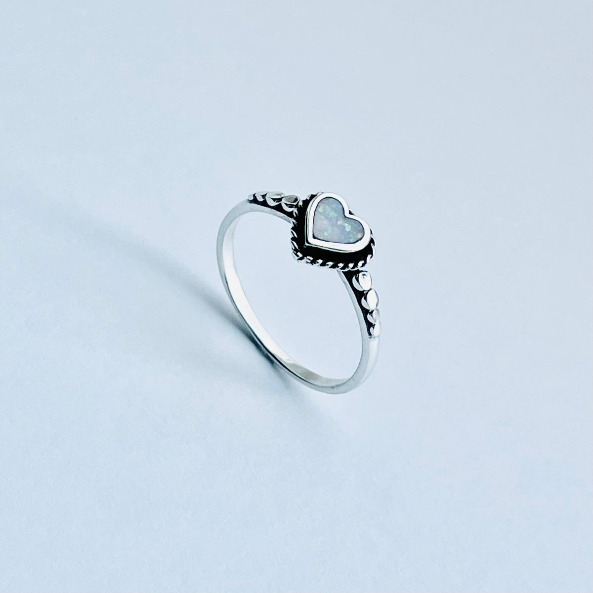 Sterling Silver Small White Lab Opal Heart Ring – Dainty October Birthstone Silver Rings