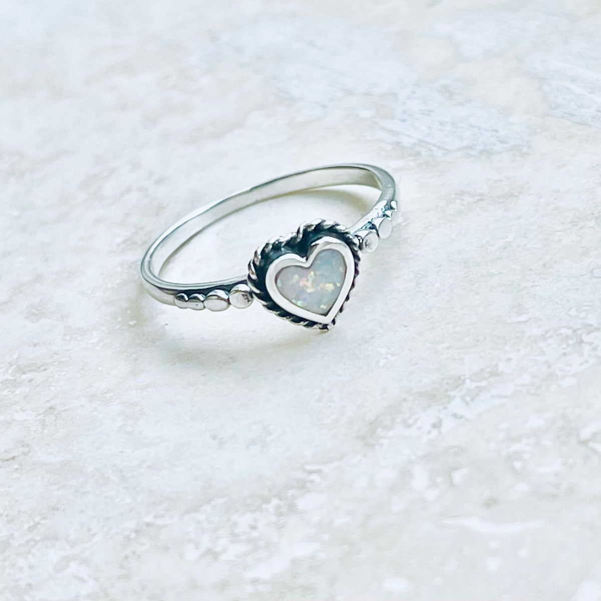 Sterling Silver Small White Lab Opal Heart Ring – Dainty October Birthstone Silver Rings