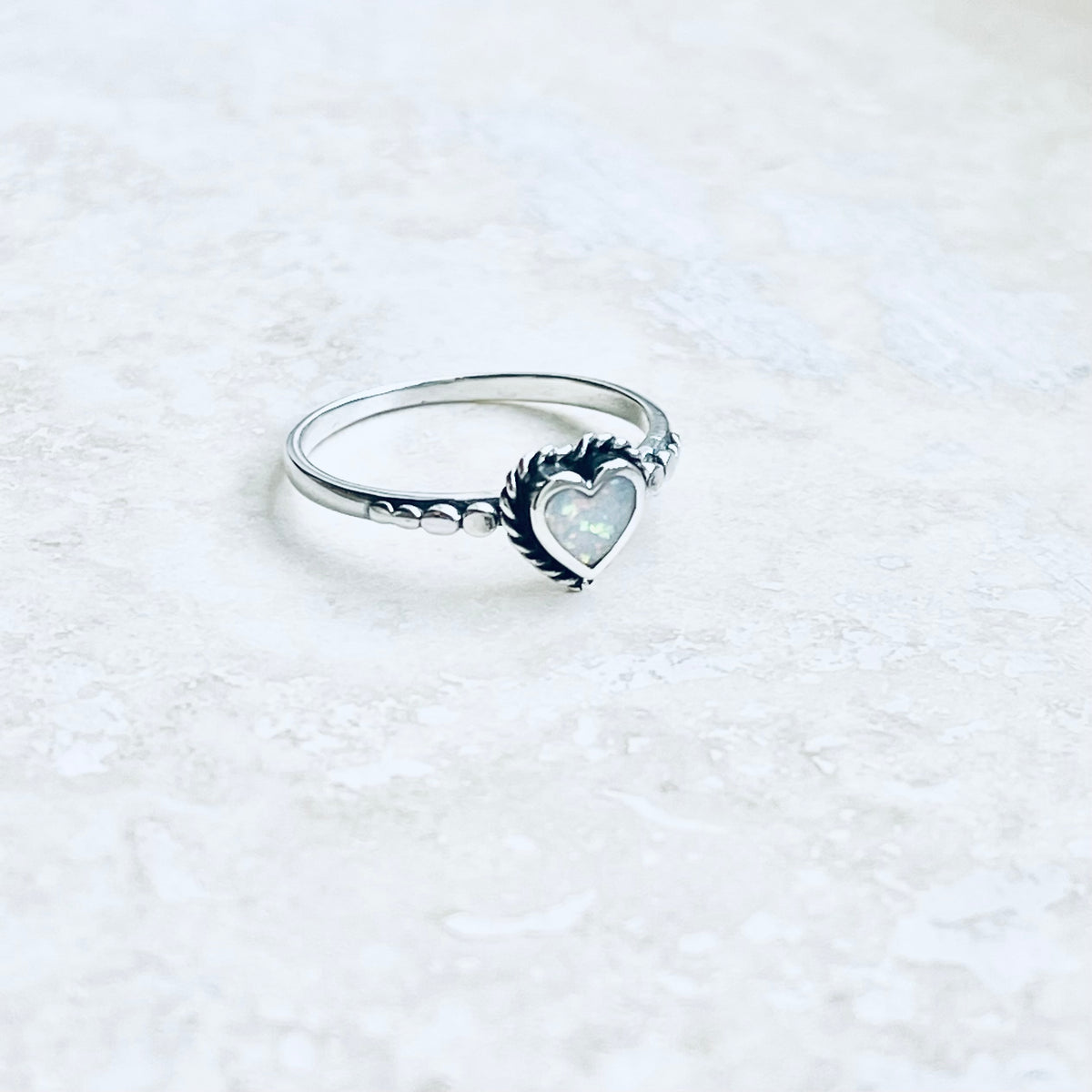 Sterling Silver Small White Lab Opal Heart Ring – Dainty October Birthstone Silver Rings