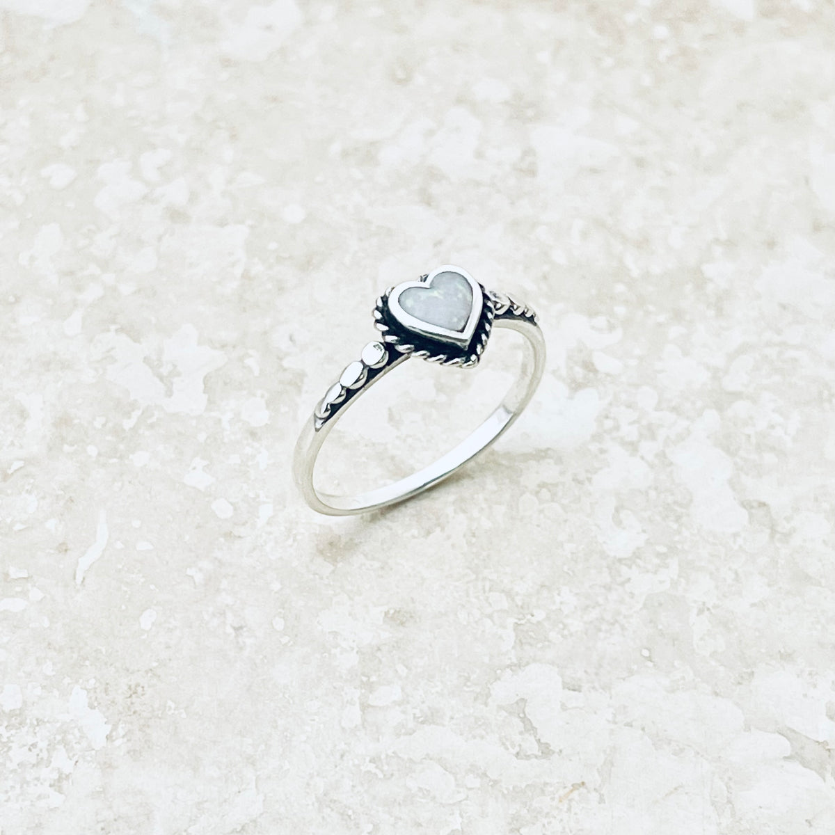 Sterling Silver Small White Lab Opal Heart Ring – Dainty October Birthstone Silver Rings