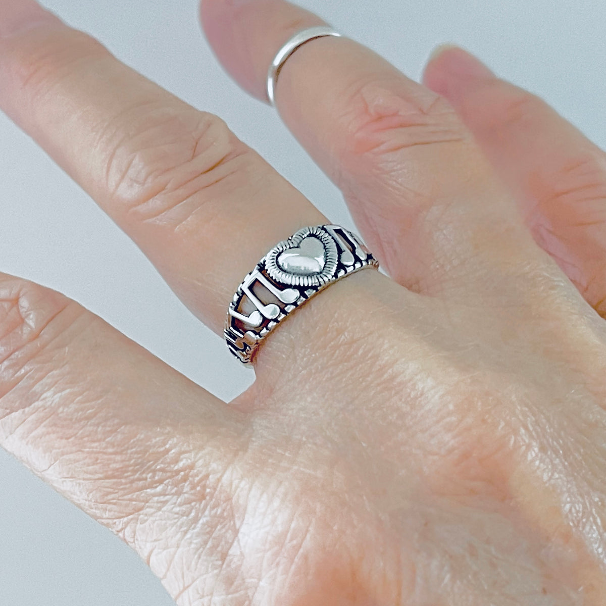 Sterling Silver Heart Music Note Ring, Musical Clef Notes Song Writer Silver Rings
